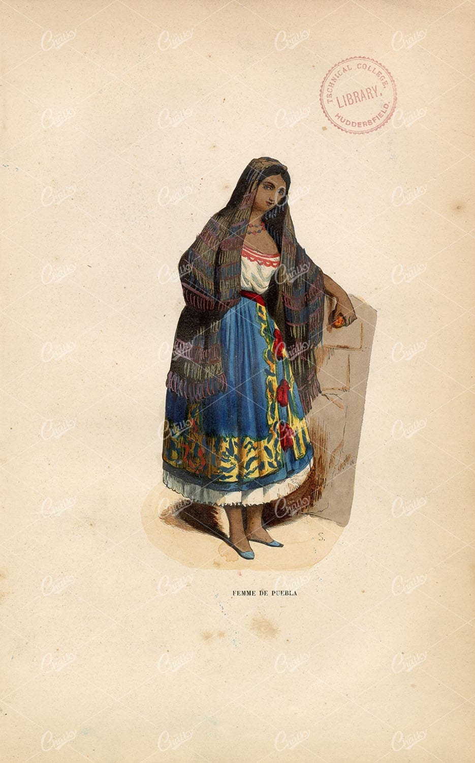 ANTIQUE Mexican Woman Costume - Auguste Wahlen 1843 Handcoloured Print