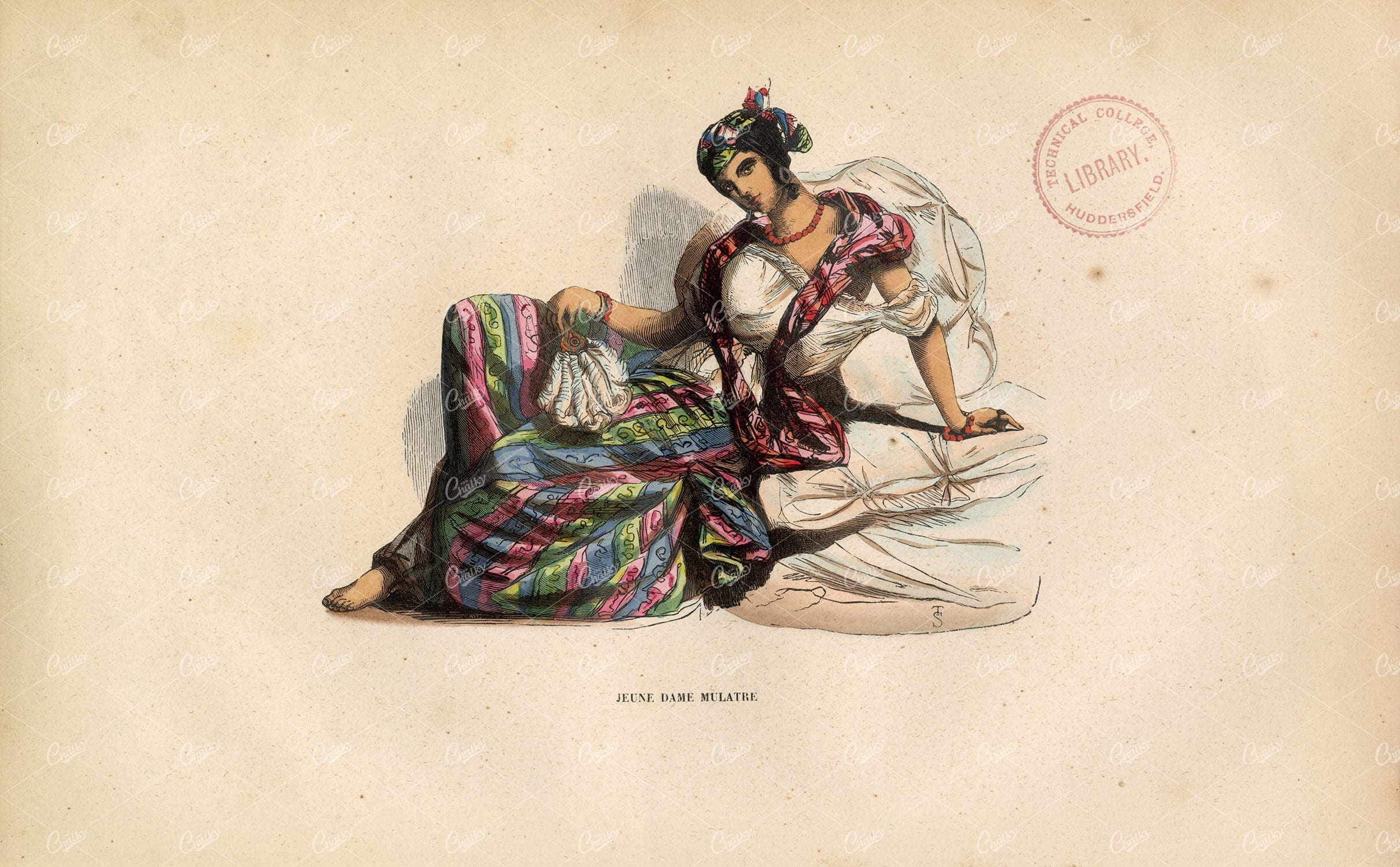 JEUNE DAME MULATRE - Auguste Wahlen 1843 Handcolored Print