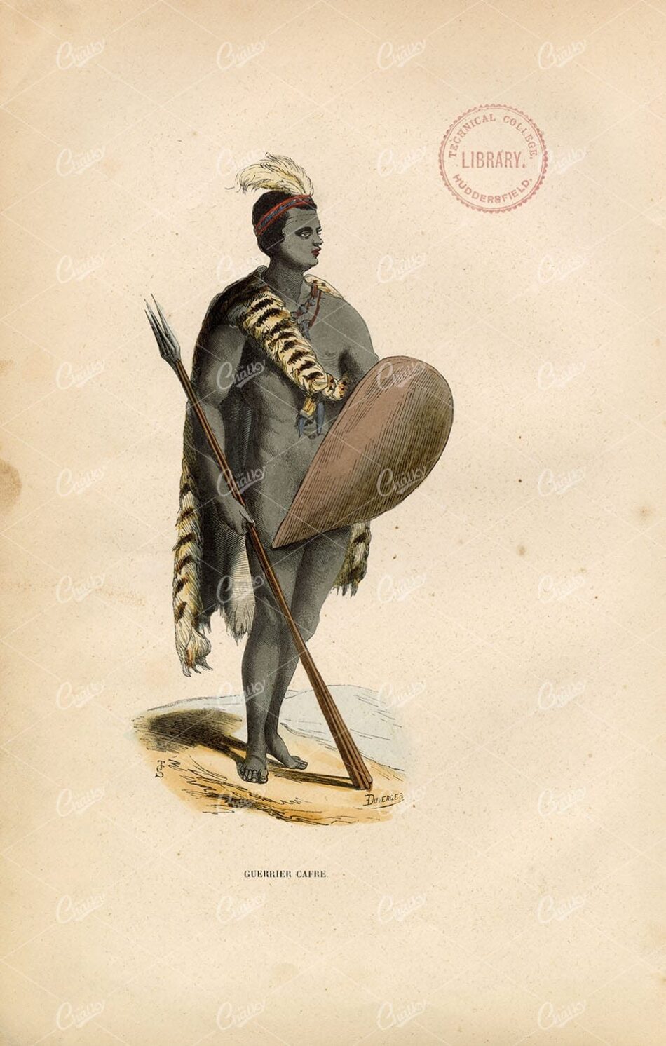 KAFFIR WARRIOR (Guerrier Cafre) - Native Costume / Fashion 1843 Print