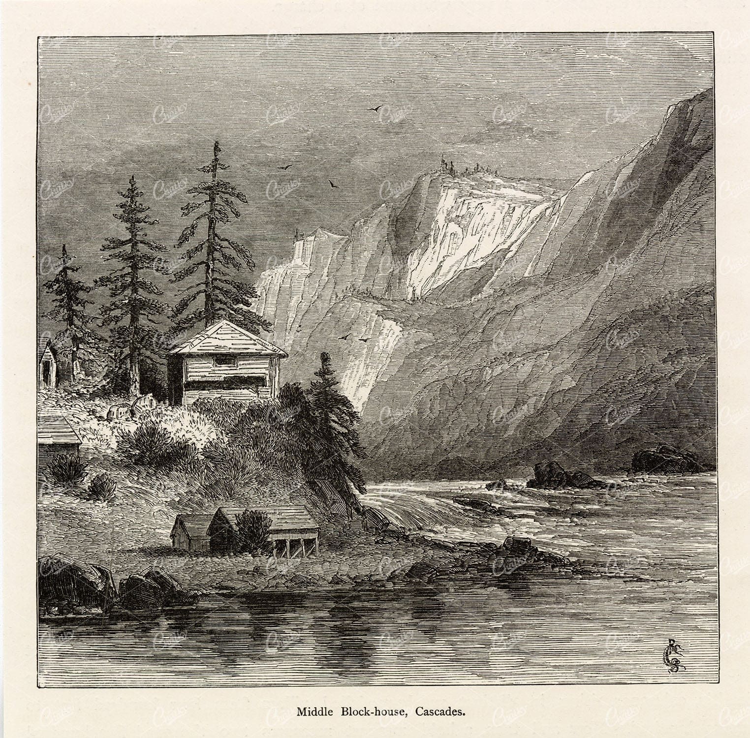 COLUMBIA RIVER Middle Block-house, Cascades. 1874 Picturesque America