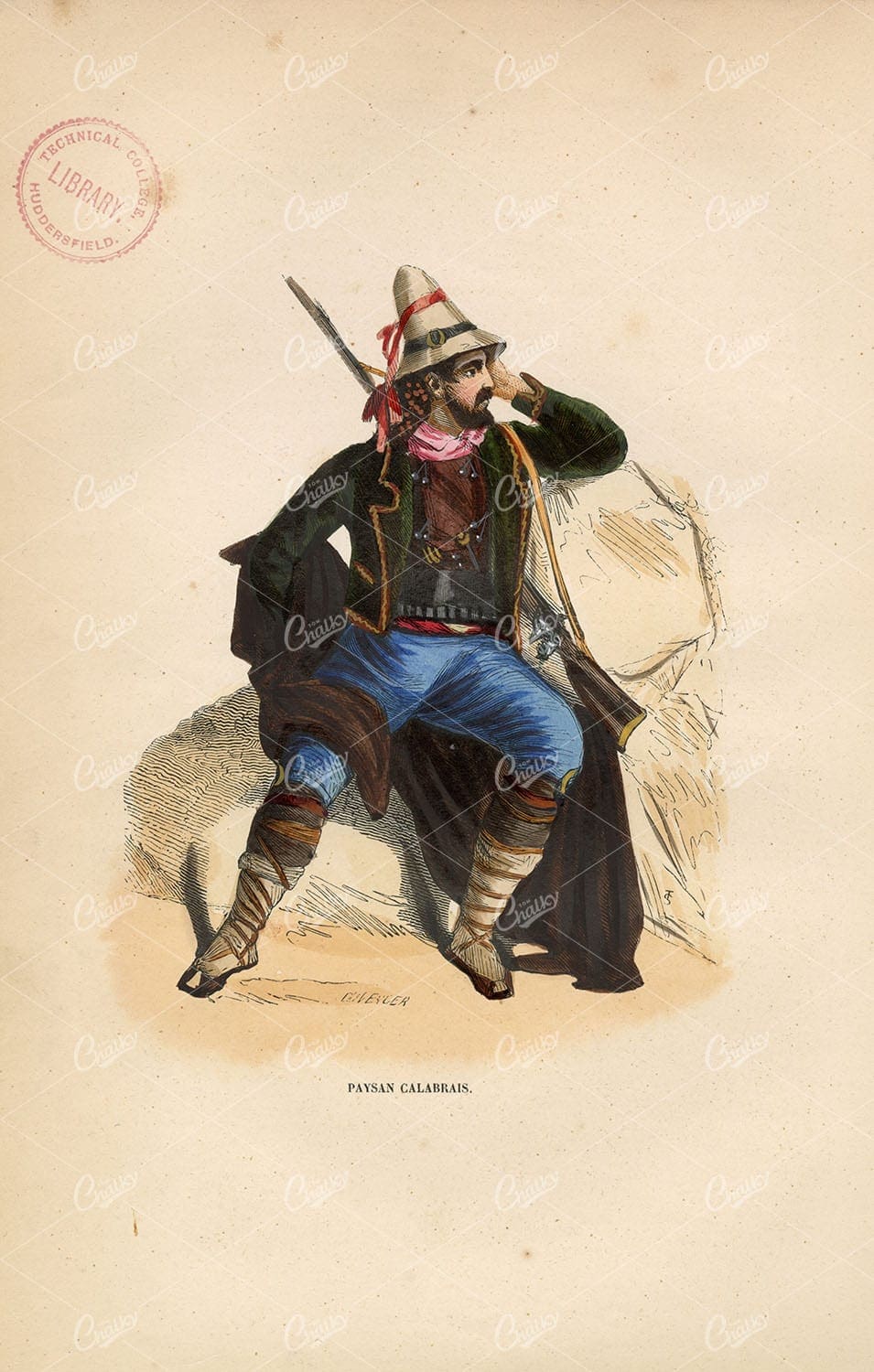 SOUTHERN ITALY - Calabrian Peasant - Duverger Antique Fashion Print 1843