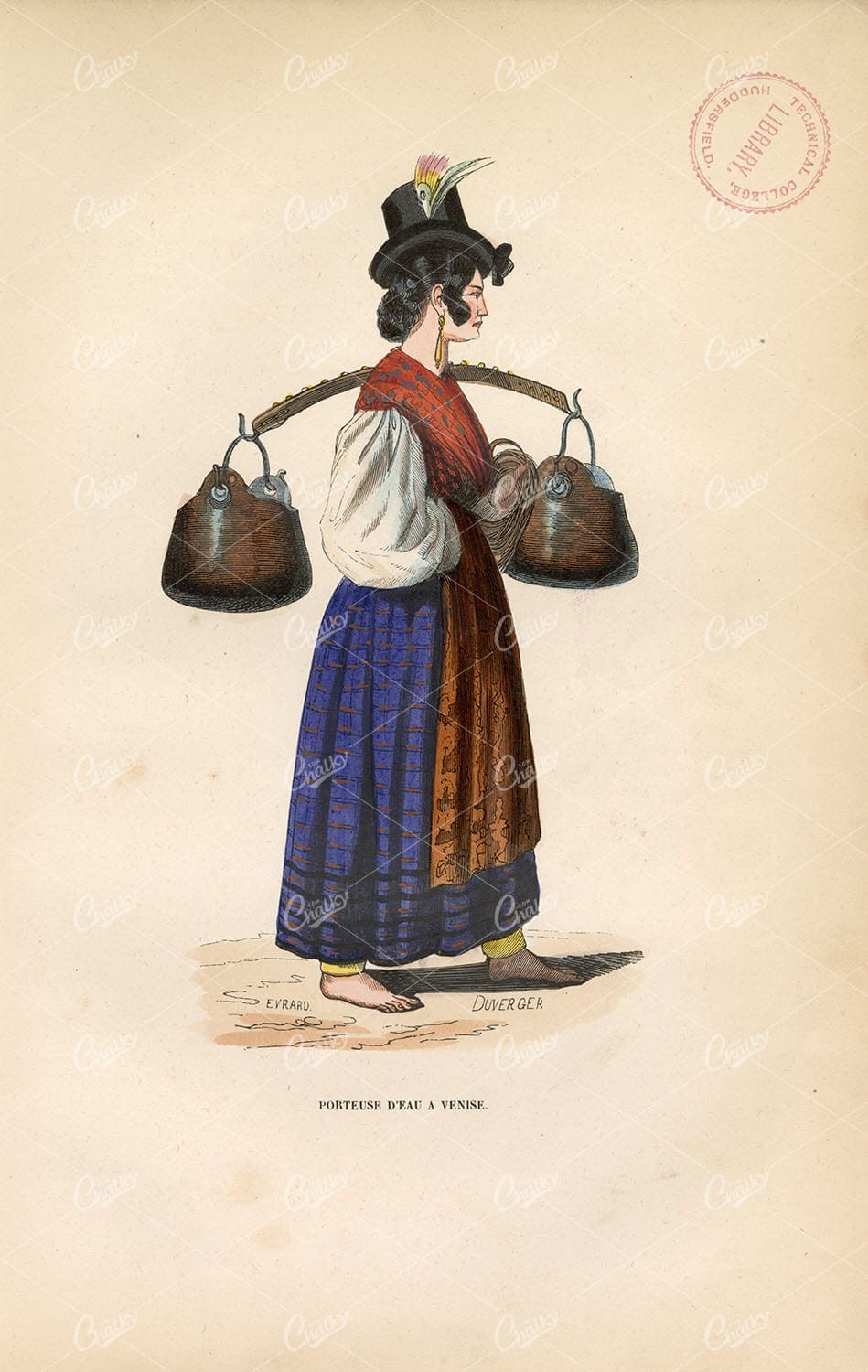 ITALY - Water Carrier in Venice - Antique Native Fashion Print 1843