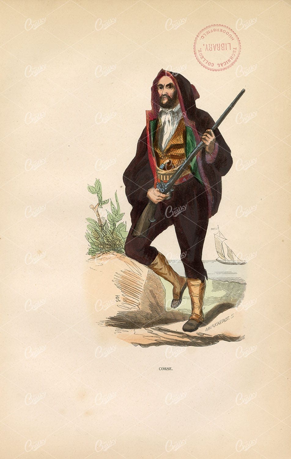 FRANCE - Mediterranean Sea, Corsica - Native Antique Fashion Print 1843
