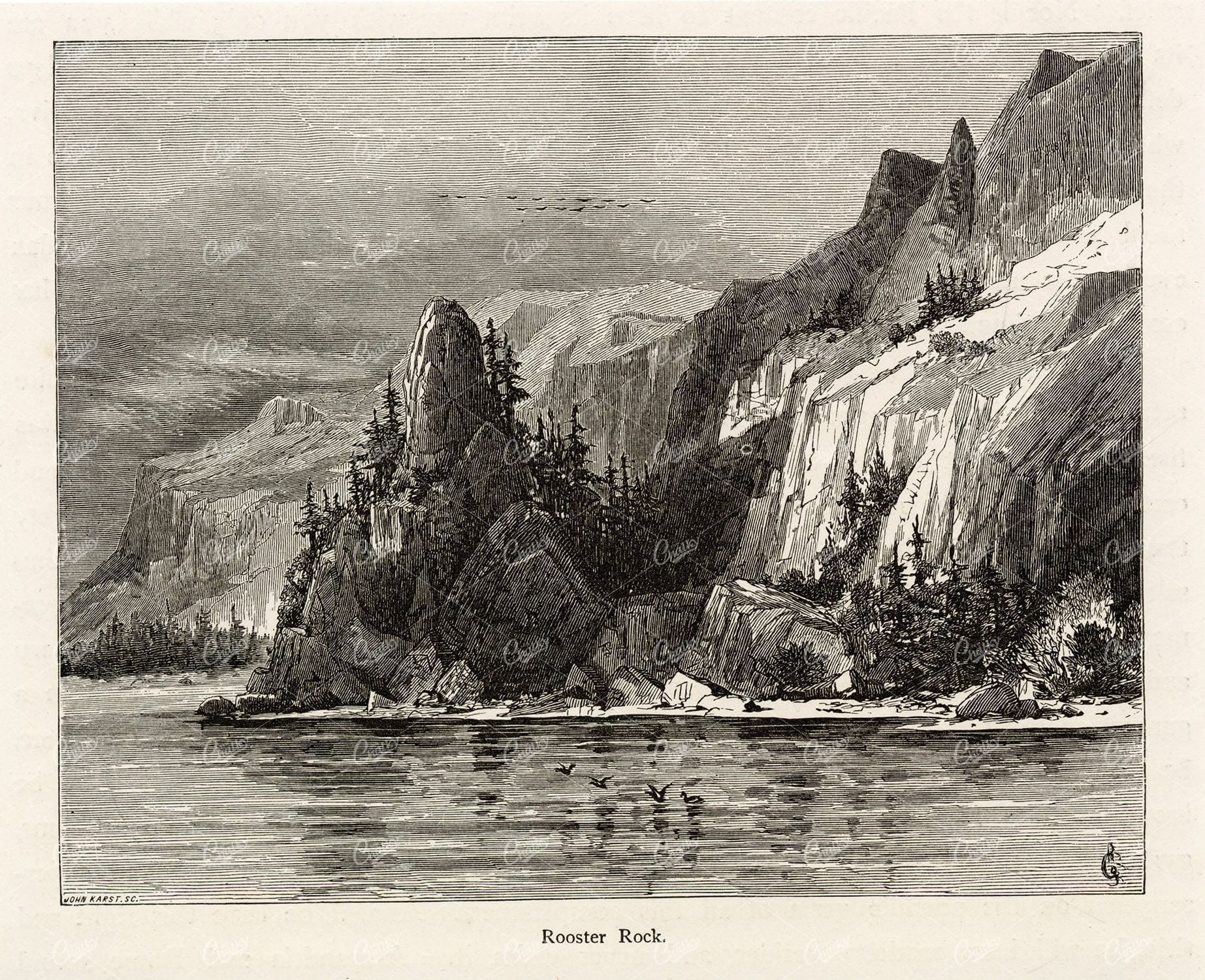 COLUMBIA RIVER - Rooster Rock - Picturesque America 1874 Engraving