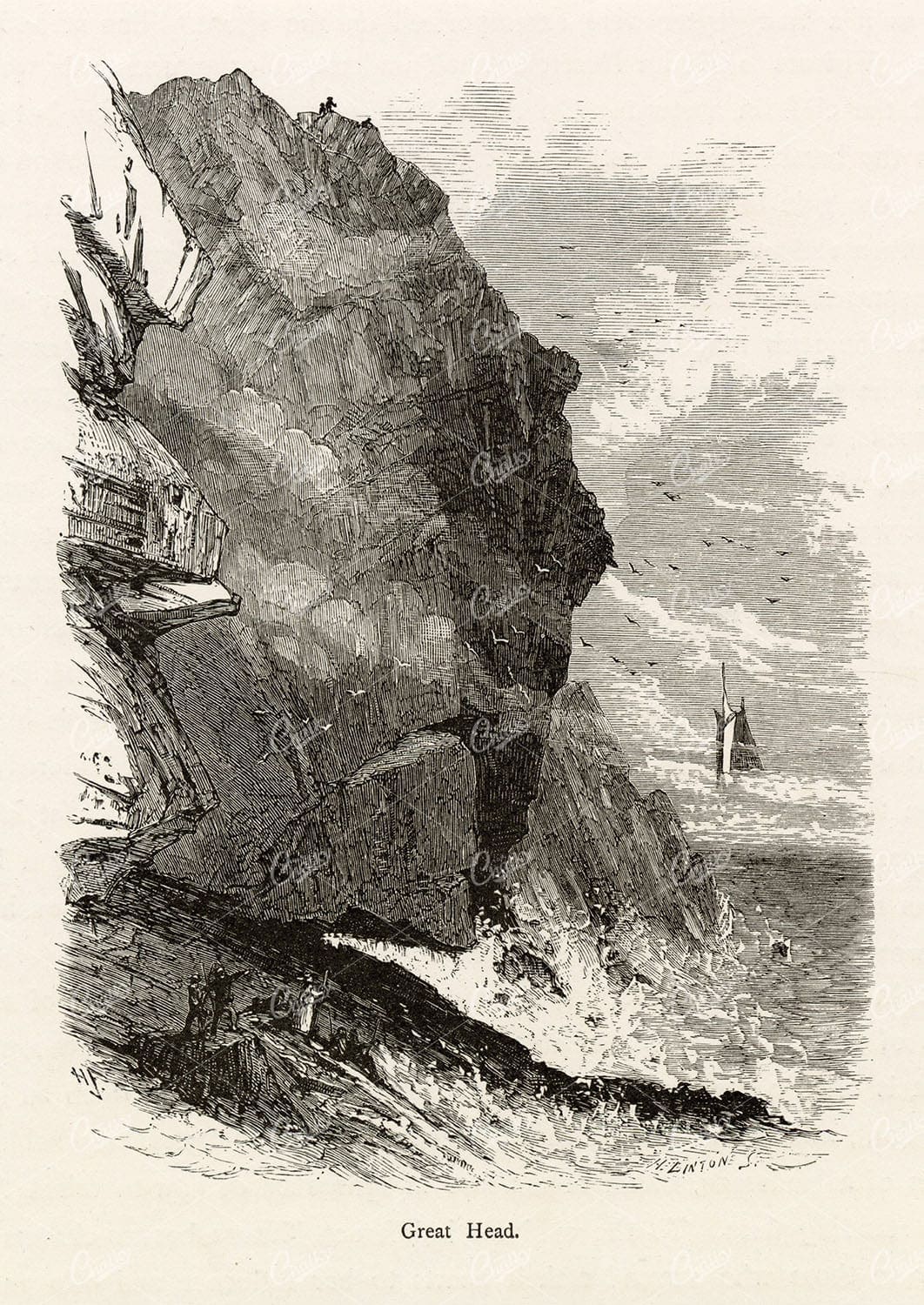 NEW ENGLAND, Maine - Great Head  - Picturesque America 1874 Engraving