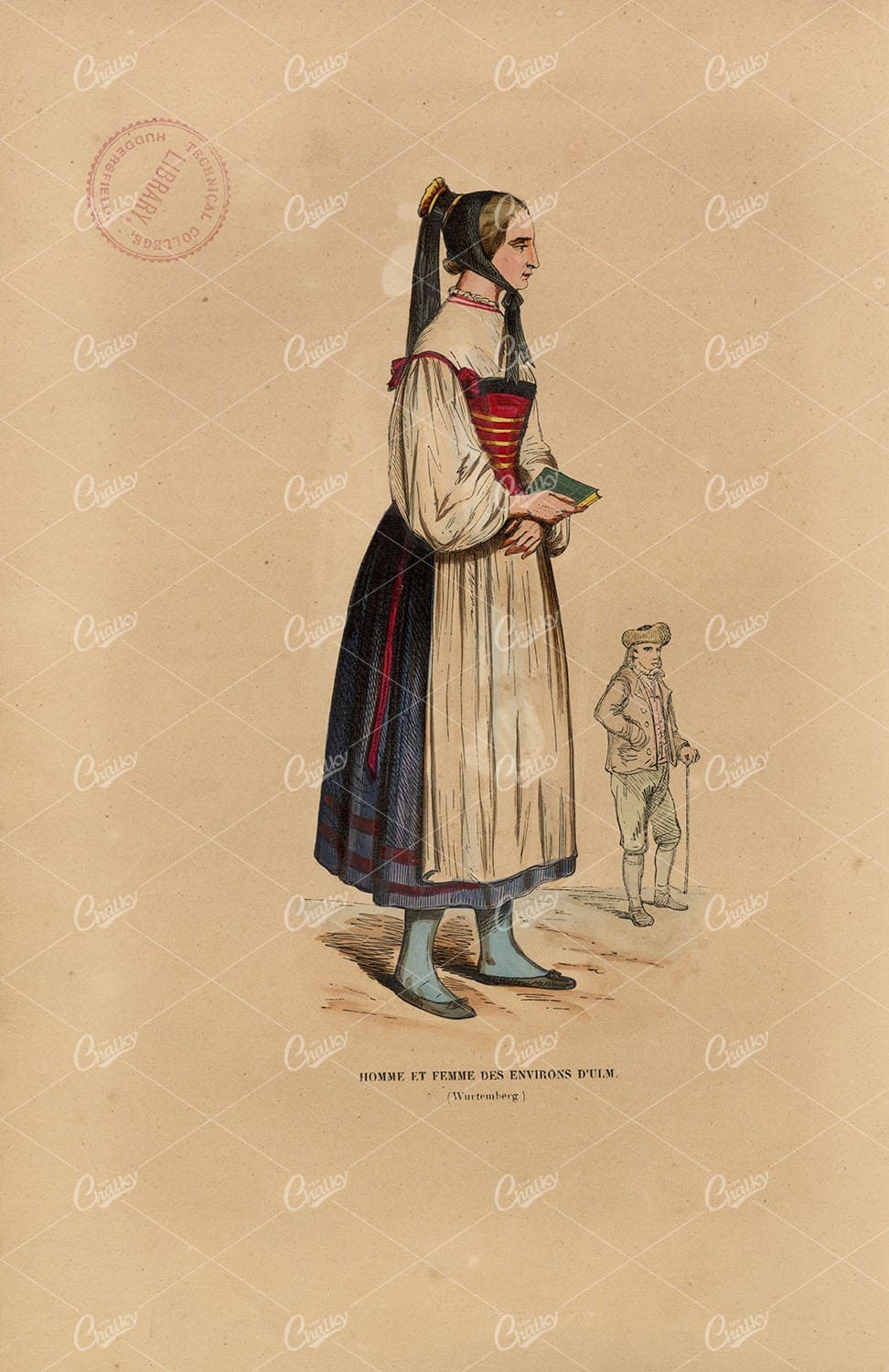 GERMANY - Man and Woman from Ulm - Native Antique Fashion 1843 Print