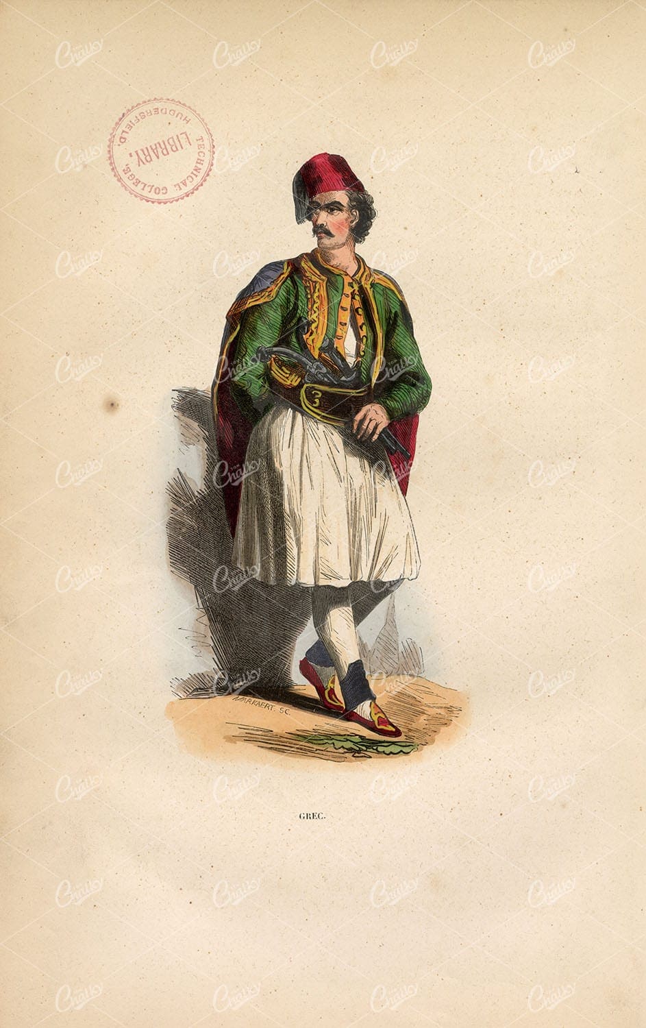 GREEK Man - Antique Native Handcoloured Fashion - 1843 Print