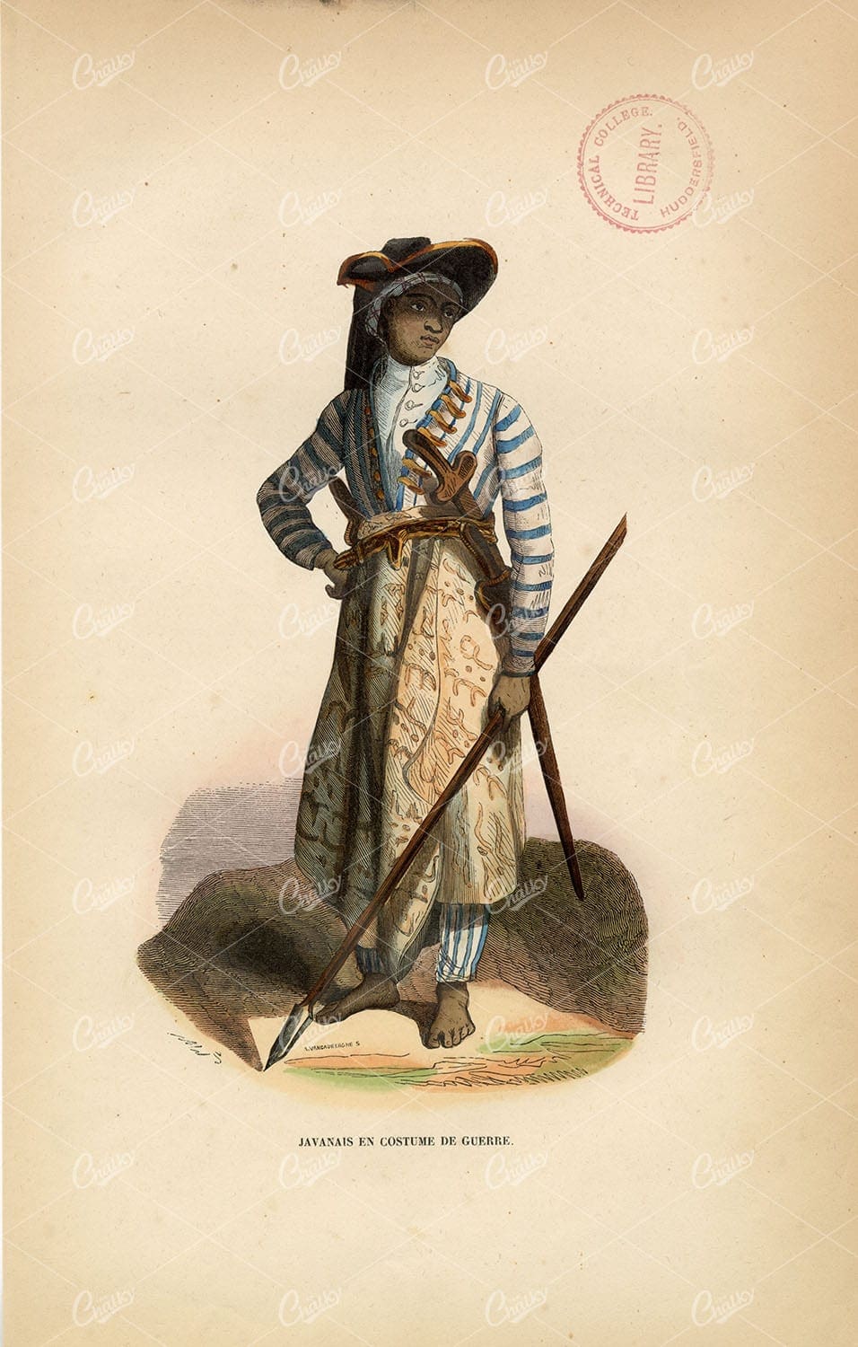 INDONESIA - Javanese in War Costume - Native Fashion Handcoloured 1843