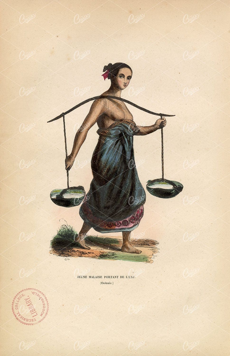 ANTIQUE FASHION - Jeune Malaise Portant De L'eau - Handcoloured 1843 Art