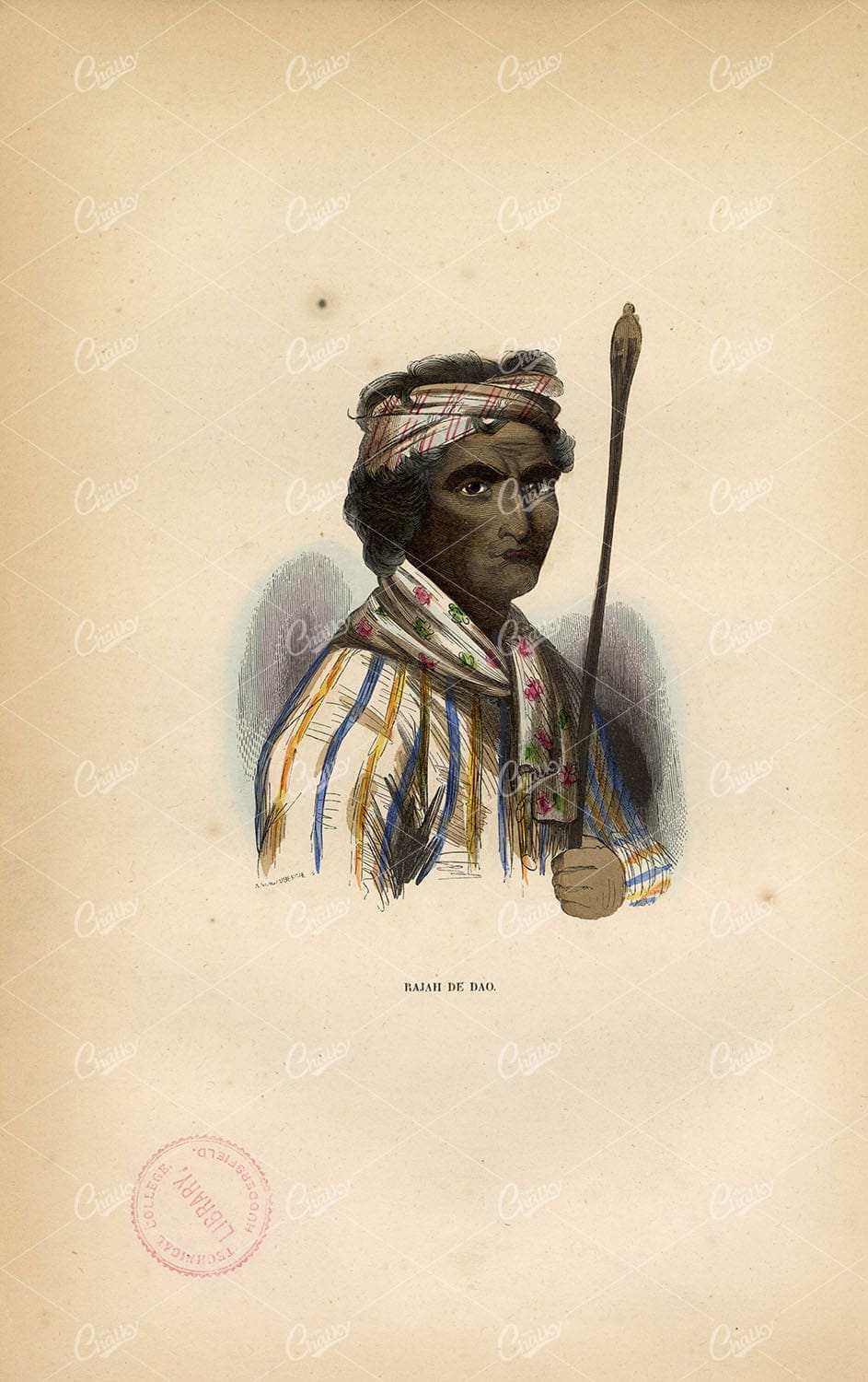 ANTIQUE COSTUME Handcoloured Print of a Dao Rajah by Wahlen, 1843