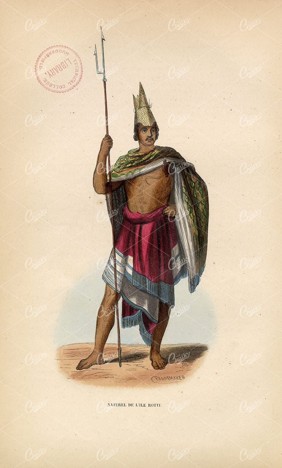 ANTIQUE COSTUME - Naturel De L'ile Rotti - Handcoloured Fashion 1843 Art