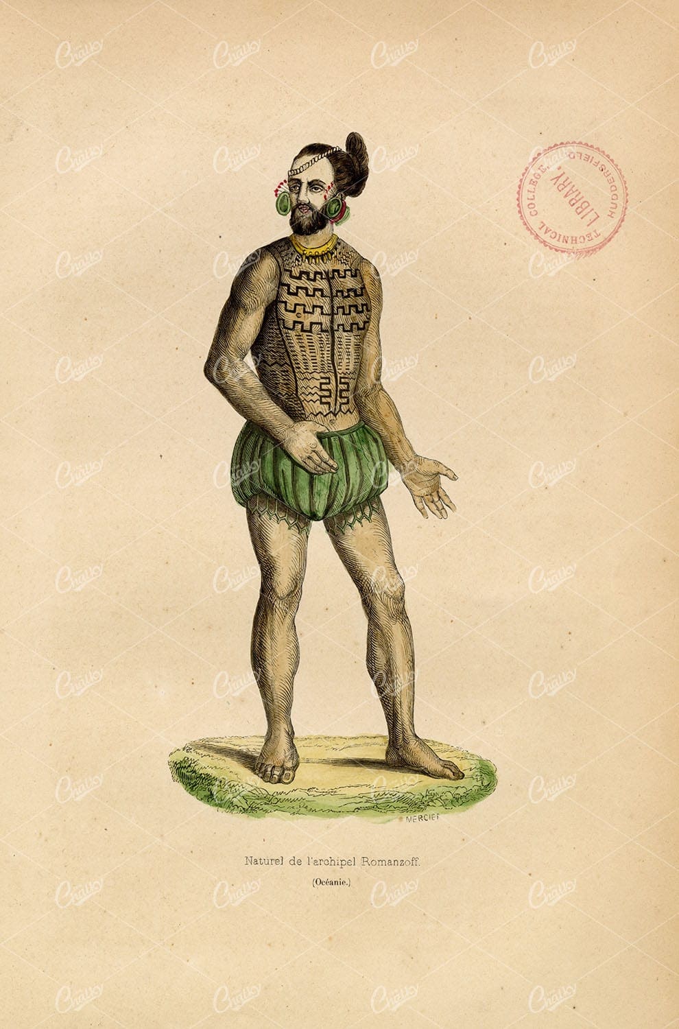 ANTIQUE COSTUME Print of an Inhabitant of the Romanzoff Archipelago 1843