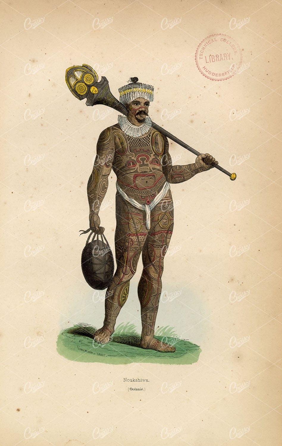 ANTIQUE COSTUME Print of a Noukahiwa Man by Auguste Wahlen, 1843