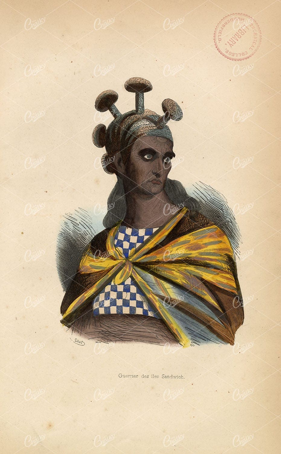 WARRIOR of the SANDWICH ISLANDS - Native Costume 1843 Print
