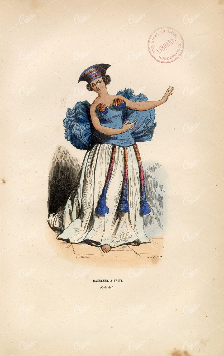 OCEANIA Dancer - Antique Costume, Native Fashion - Handcoloured Print