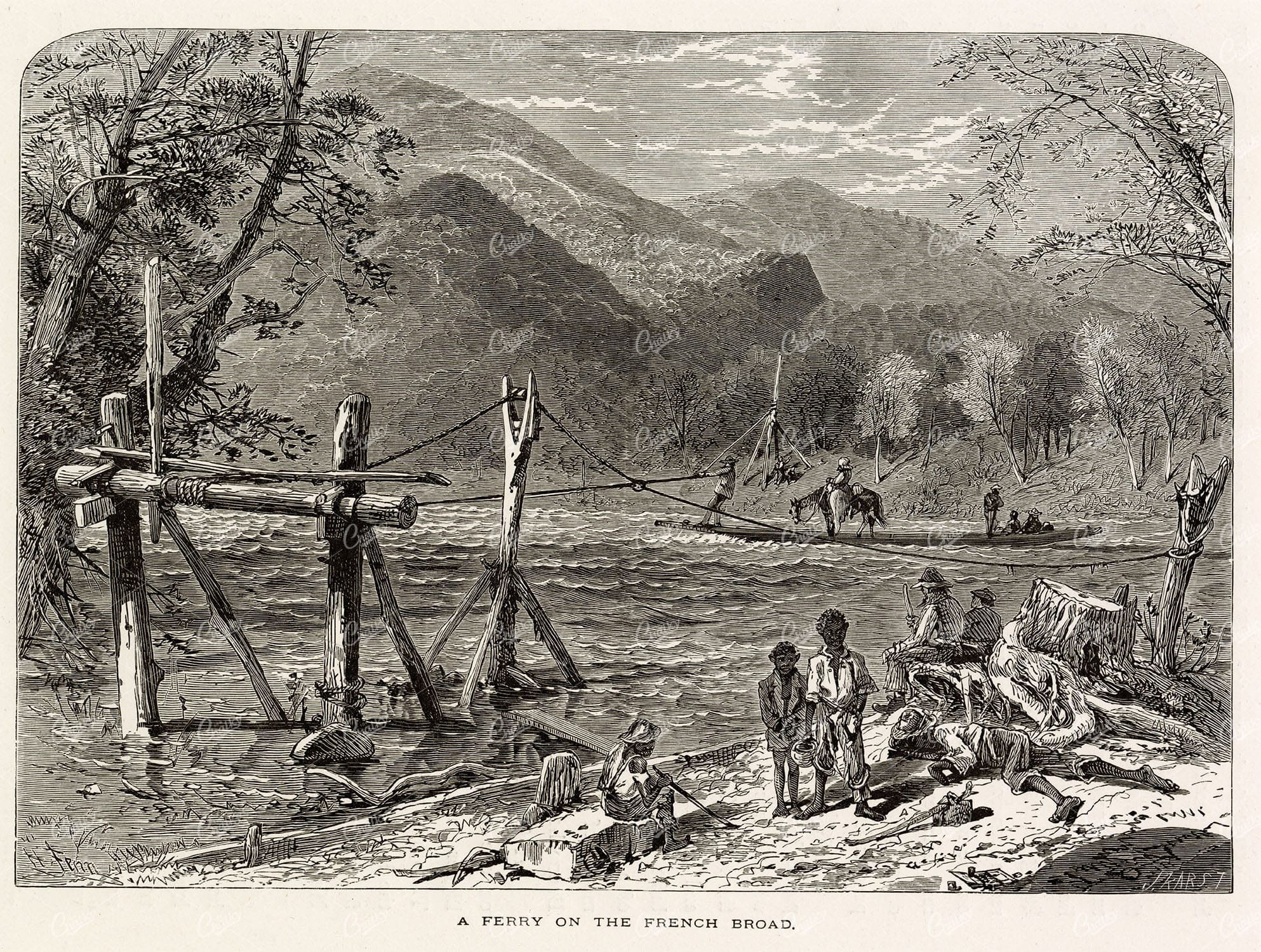 NORTH CAROLINA - Ferry on the French Broad - Antique Engravign 1874