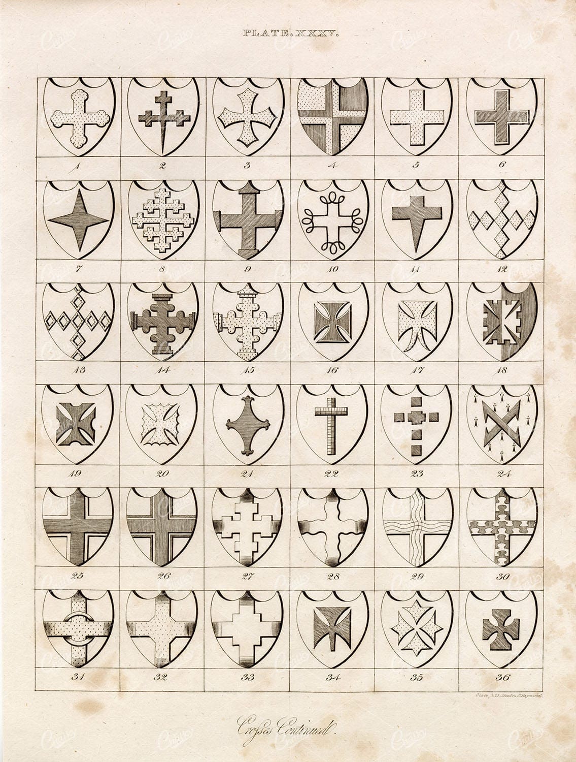 ANTIQUE HERALDRY Print by William Berry -  Plate XXXV Crosses 1829
