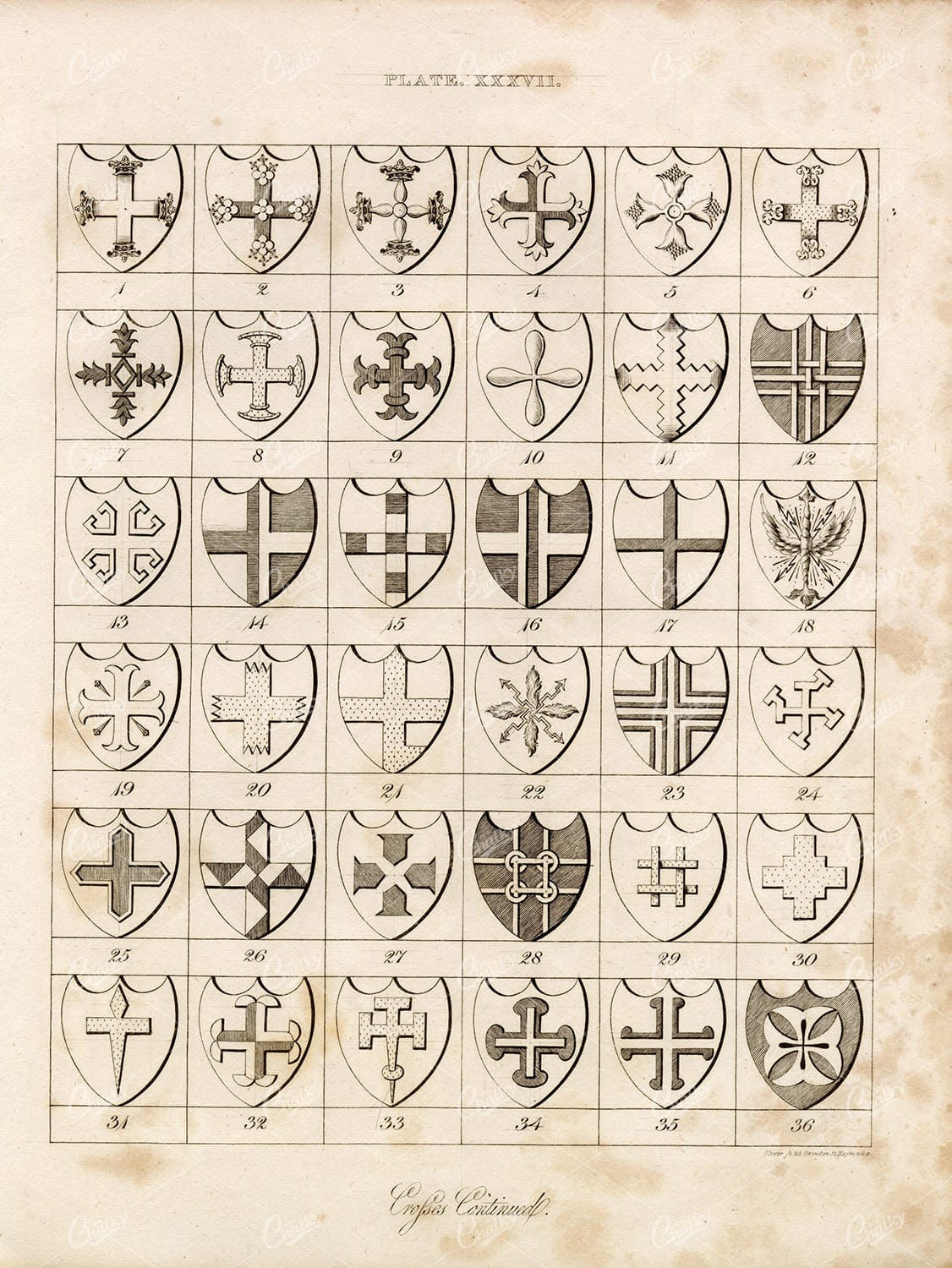 ANTIQUE HERALDRY Print by William Berry - Plate XXXVII Crosses 1829