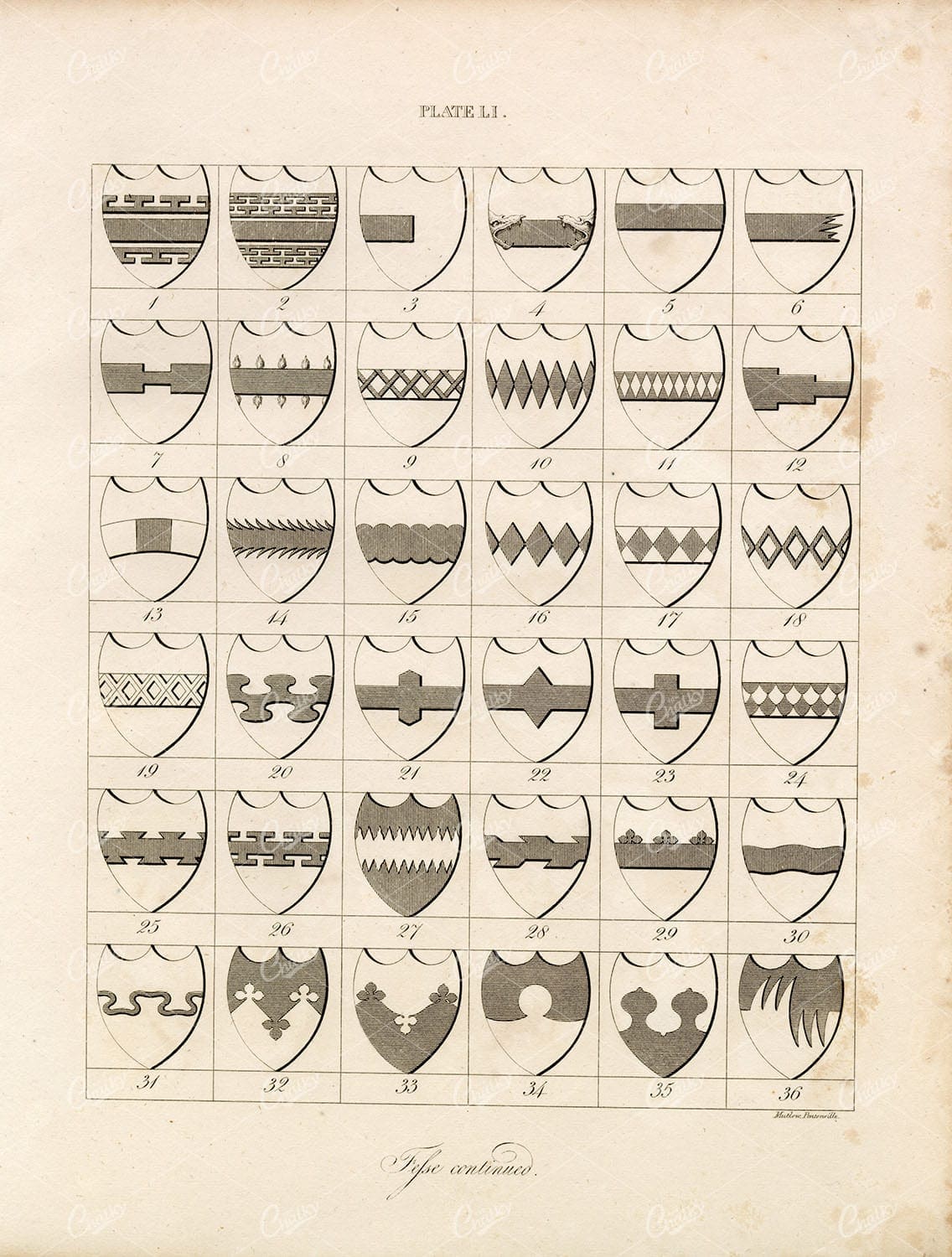 ANTIQUE HERALDRY Print by William Berry - Plate LI Fessel Shields 1829