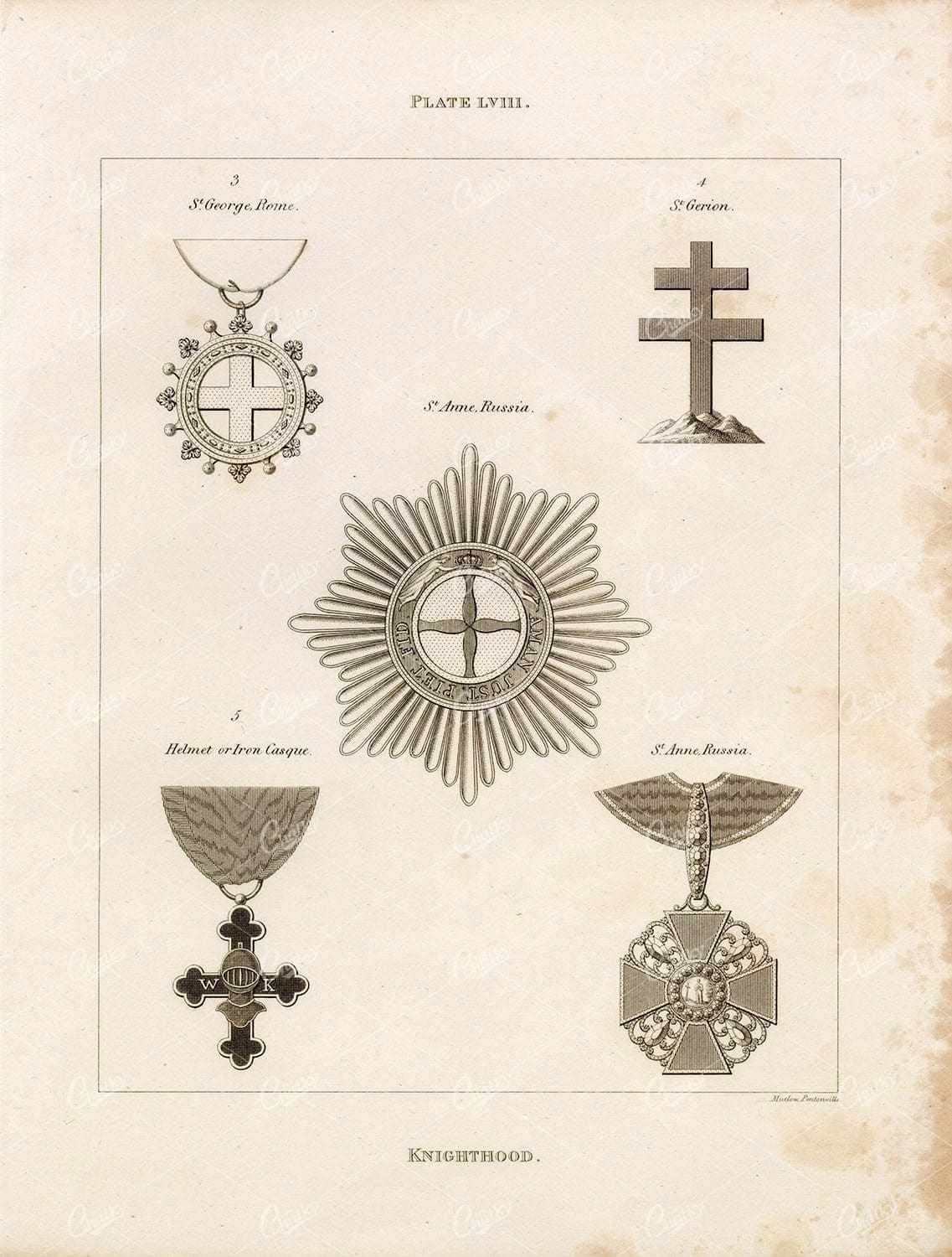 ANTIQUE Heraldry - Knighthood Print - William Berry - 1829 Plate LVIII