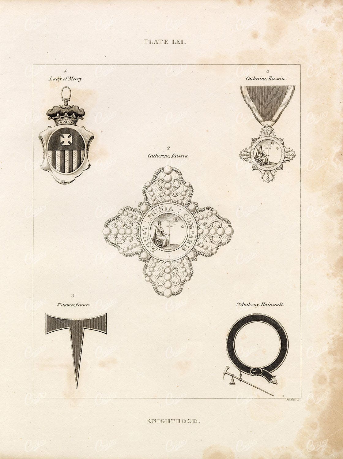 ANTIQUE Heraldry - Knighthood Print - Lady of Mercy, Catherine, Russia