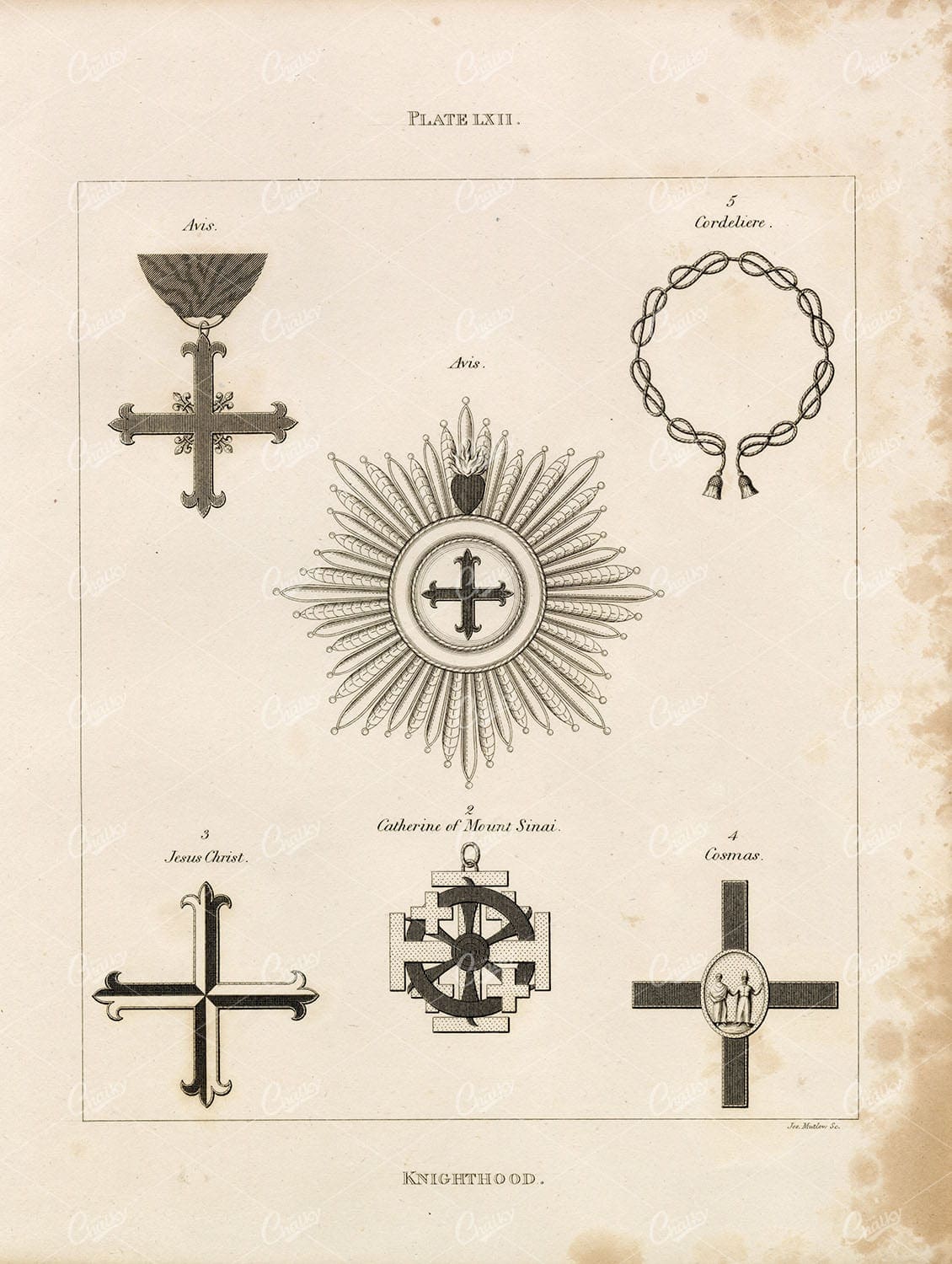 ANTIQUE Heraldry - Knighthood Print - Avis, Cordeliere, Cosmas - 1829