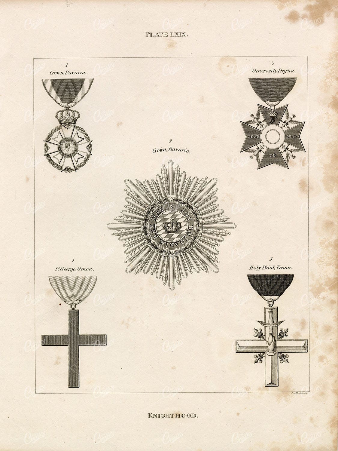 1829 ANTIQUE HERALDRY - Knighthood Print - Crown, Generosity, France