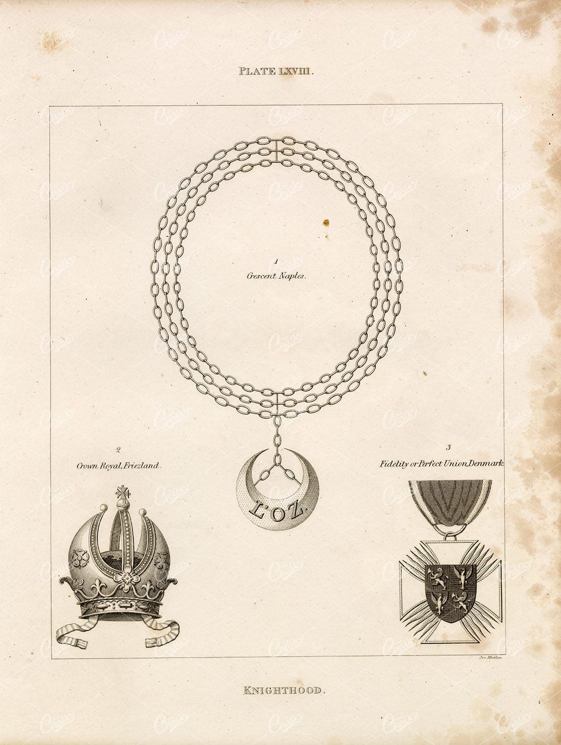 ANTIQUE HERALDRY - Knighthood Print - Crescent Naples, Crown, Fidelity