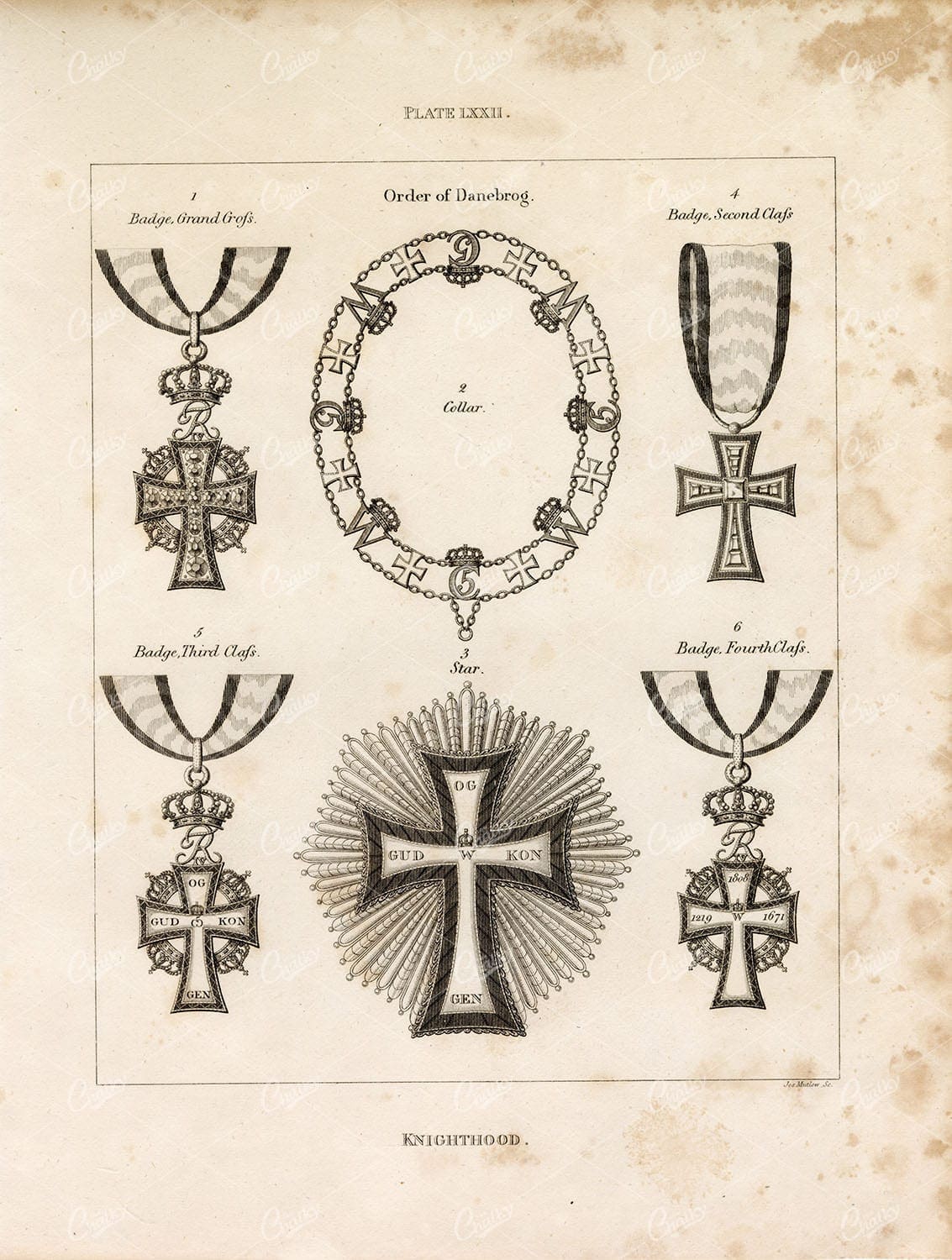 OLD 1829 HERALDRY Print - Knighthood - Order of Danebrog