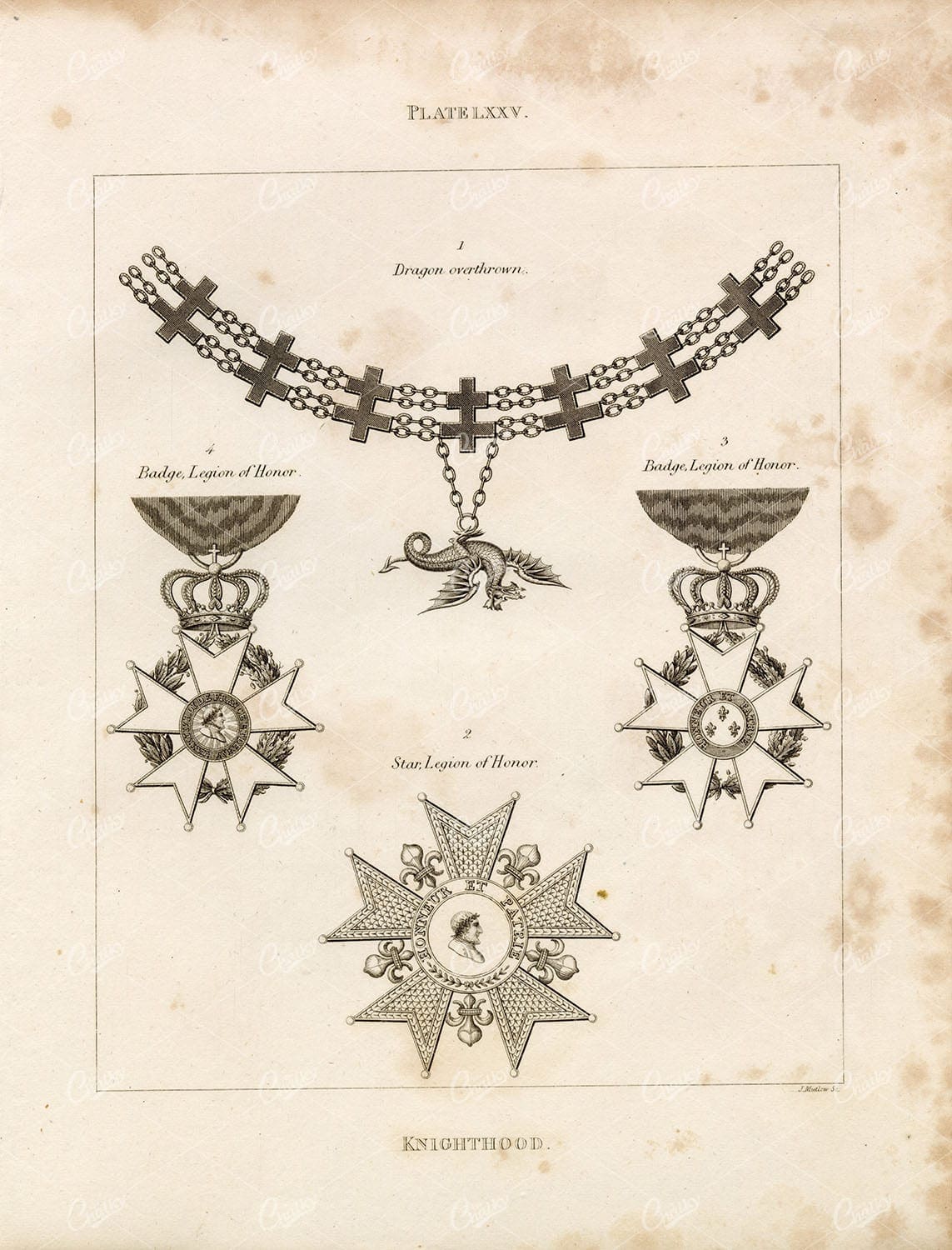ANTIQUE HERALDRY - Knighthood - Legion of Honor, Dragon Overthrown