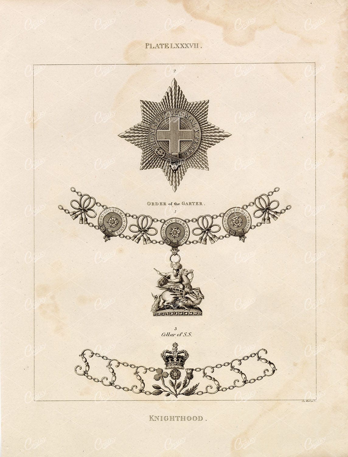 ANTIQUE 1829 HERALDRY - Knighthood - Order of the Garter
