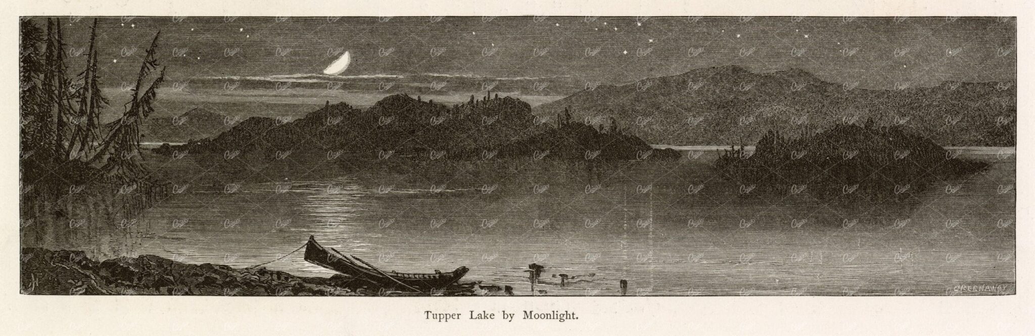 NEW YORK - Tupper Lake by Moonlight with Boat, Moon, Stars - America 1874