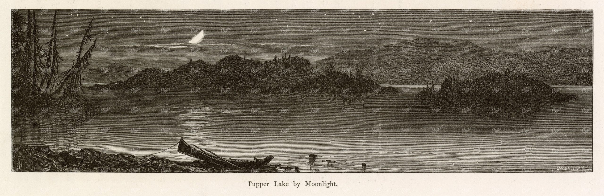 NEW YORK - Tupper Lake by Moonlight with Boat, Moon, Stars - America 1874