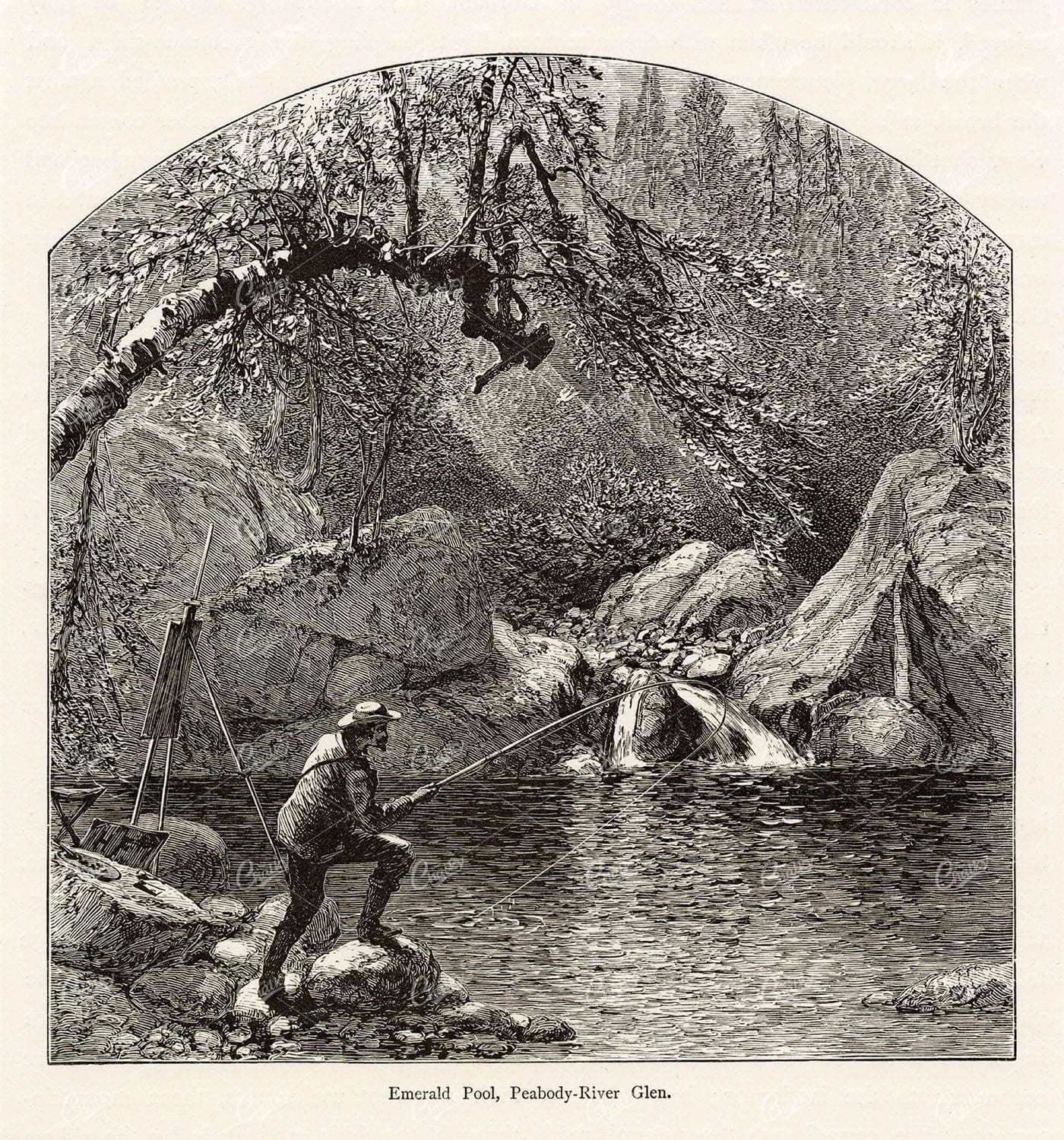 NEW HAMPSHIRE - Emerald Pool, Peabody-River Fly-Fishing - 1874 Print