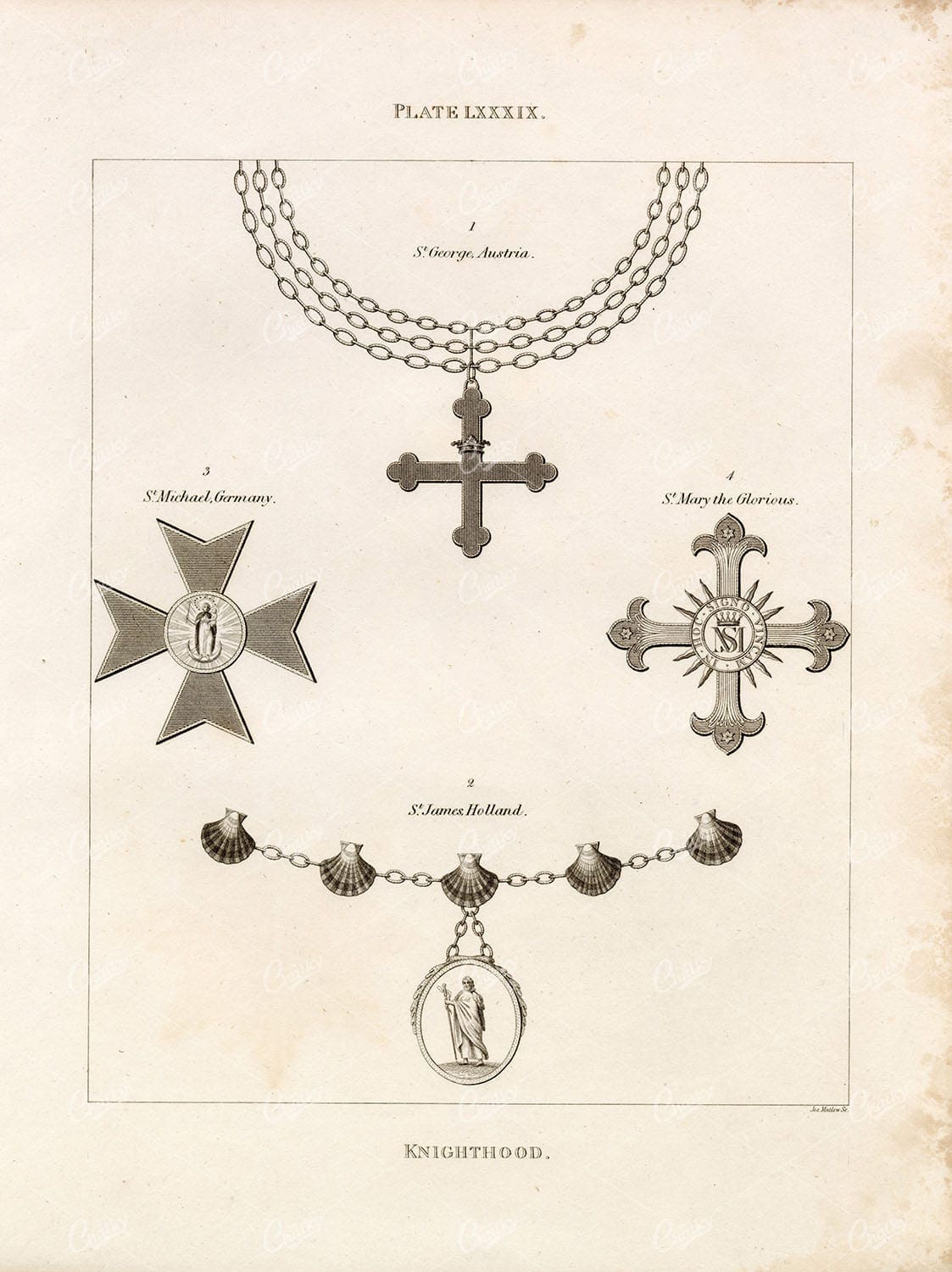 ANTIQUE 1829 HERALDRY - Knighthood - St. George, Michael, James, Mary
