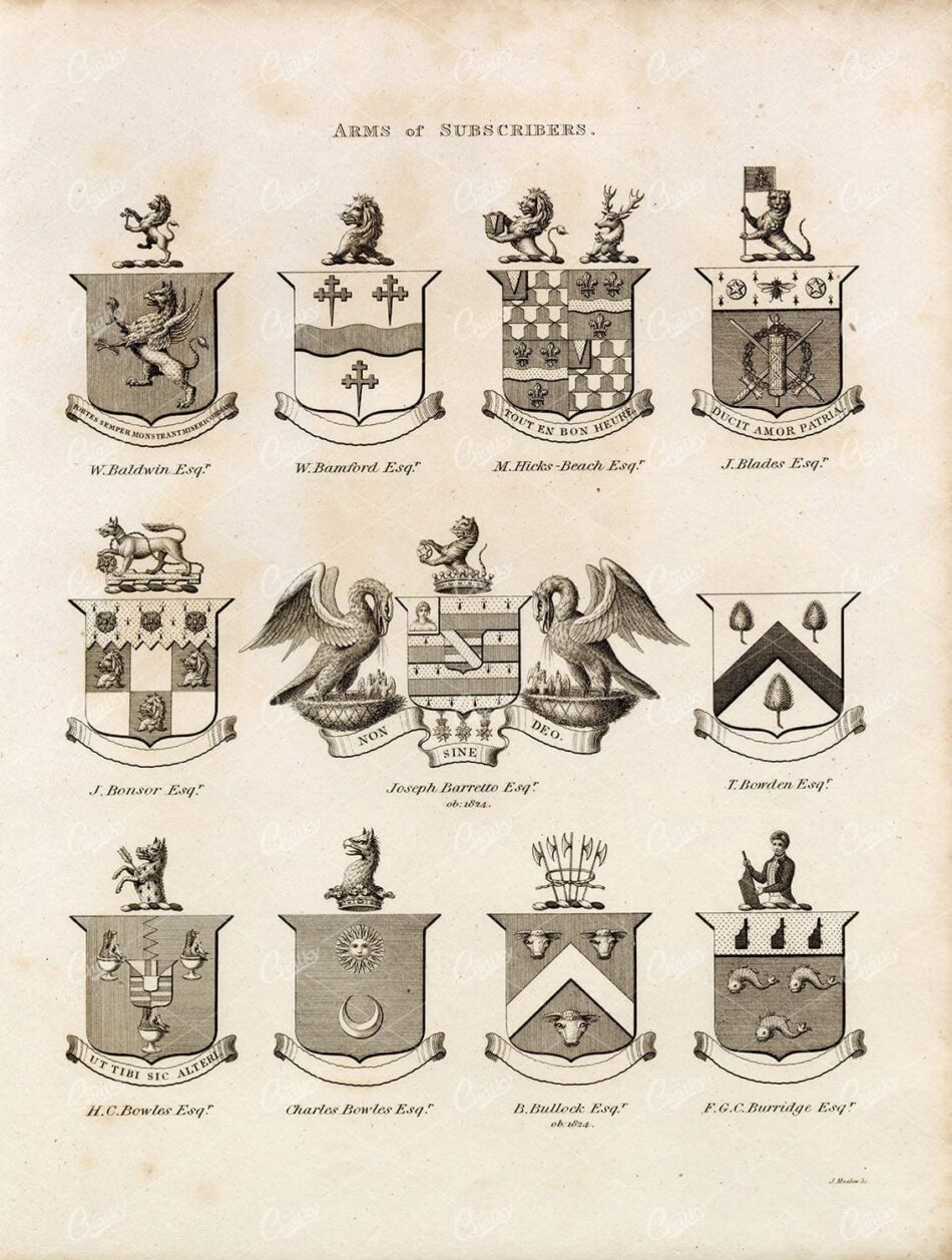 ARMS of SUBSCRIBERS - Antique 1829 Heraldry Print - William Berry