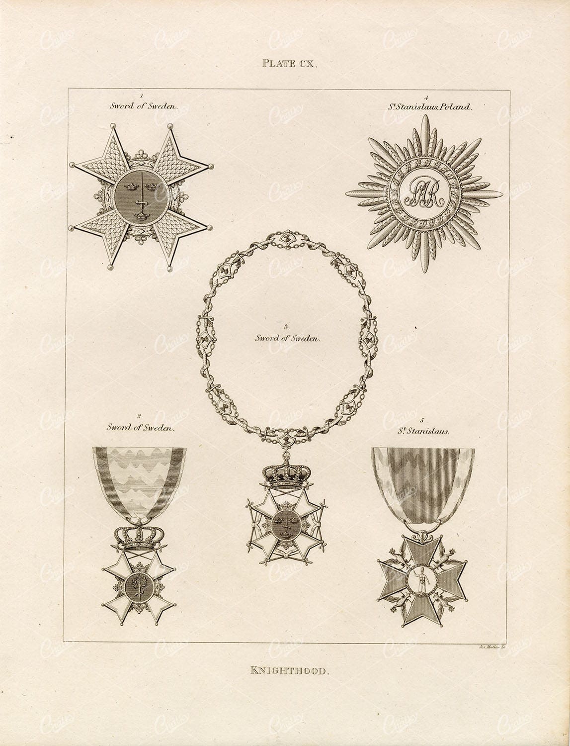 ANTIQUE 1829 HERALDRY - Knighthood - Sword of Sweden, William Berry