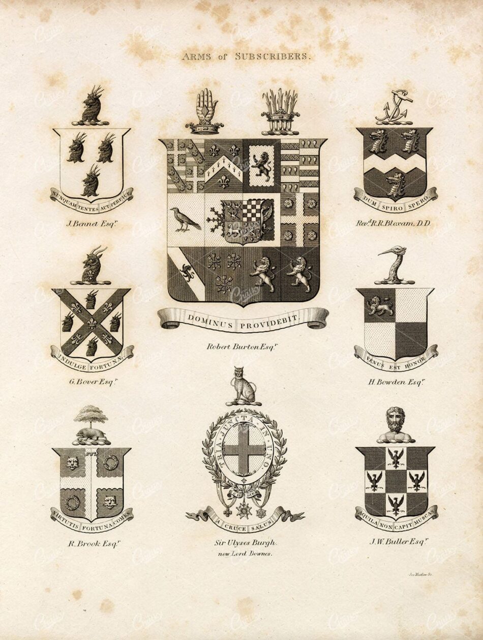 ARMS of SUBSCRIBERS - Antique 1829 Heraldry Print - William Berry