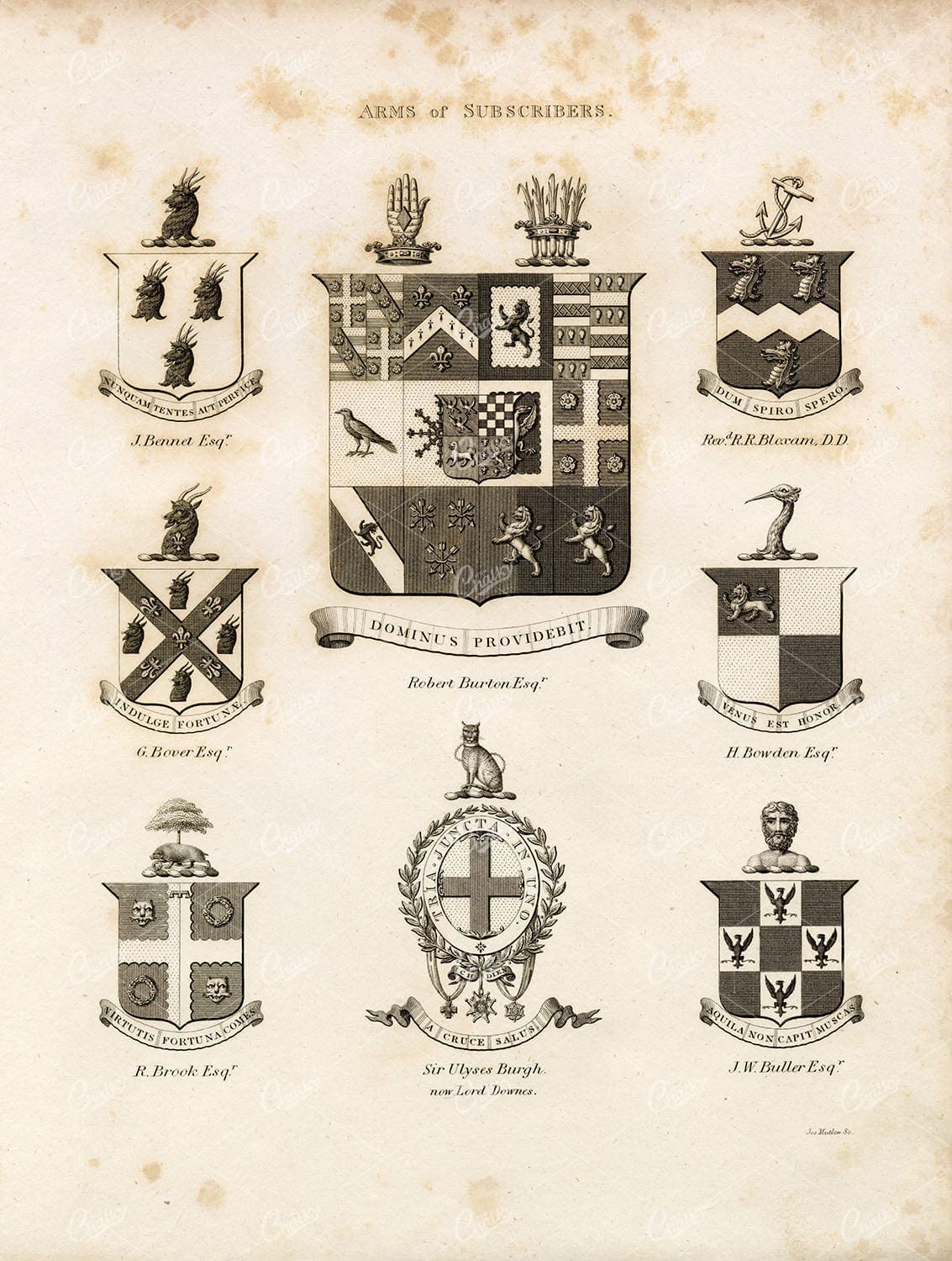 ARMS of SUBSCRIBERS - Antique 1829 Heraldry Print - William Berry