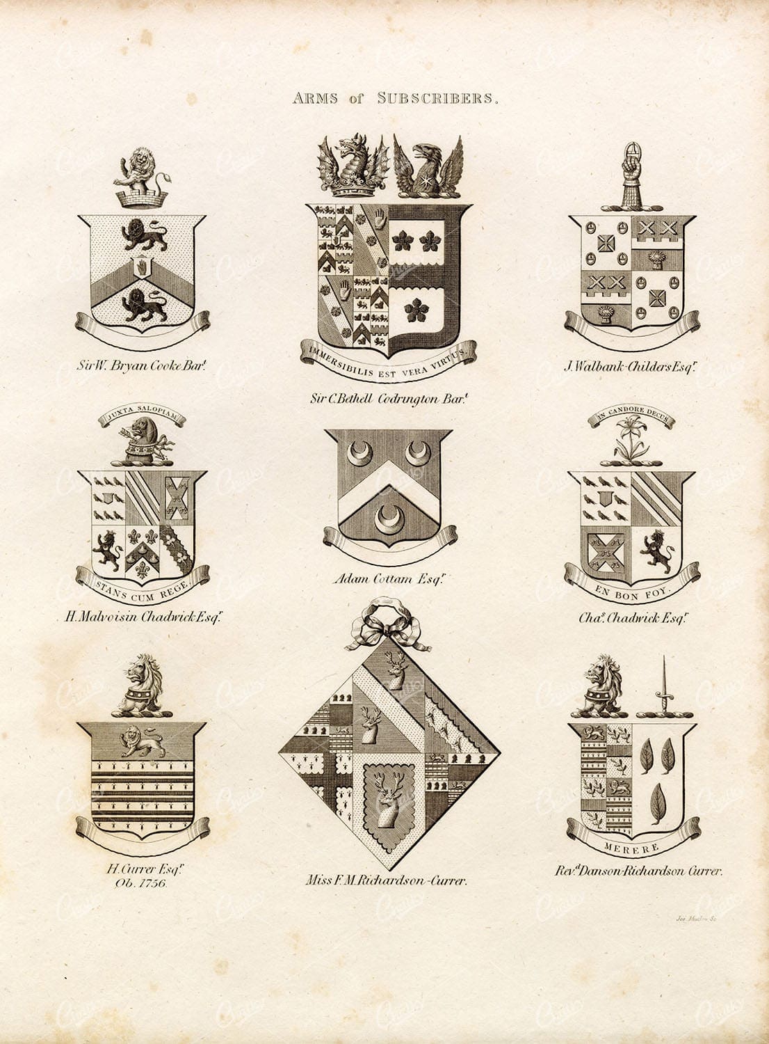 ARMS of SUBSCRIBERS - Antique 1829 Heraldry Print - William Berry