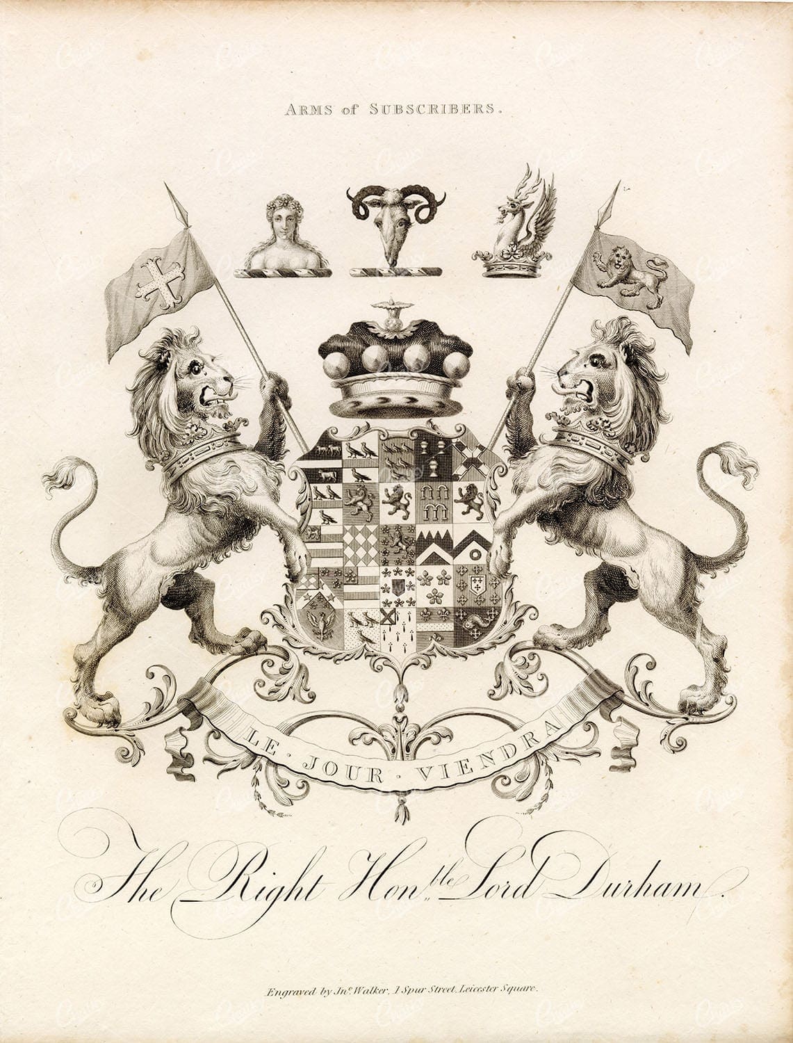 ARMS of SUBSCRIBERS - Antique 1829 Heraldry Print - Lord Durham