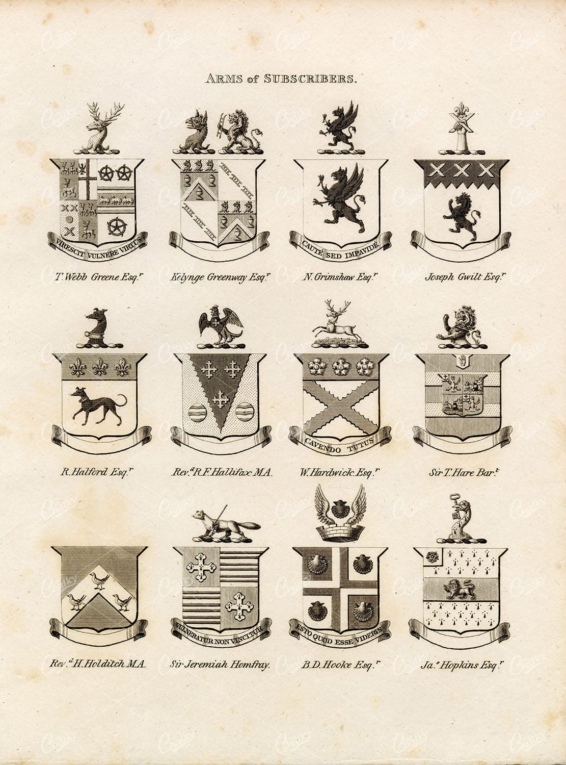 ARMS of SUBSCRIBERS - Antique 1829 Heraldry Print - William Berry