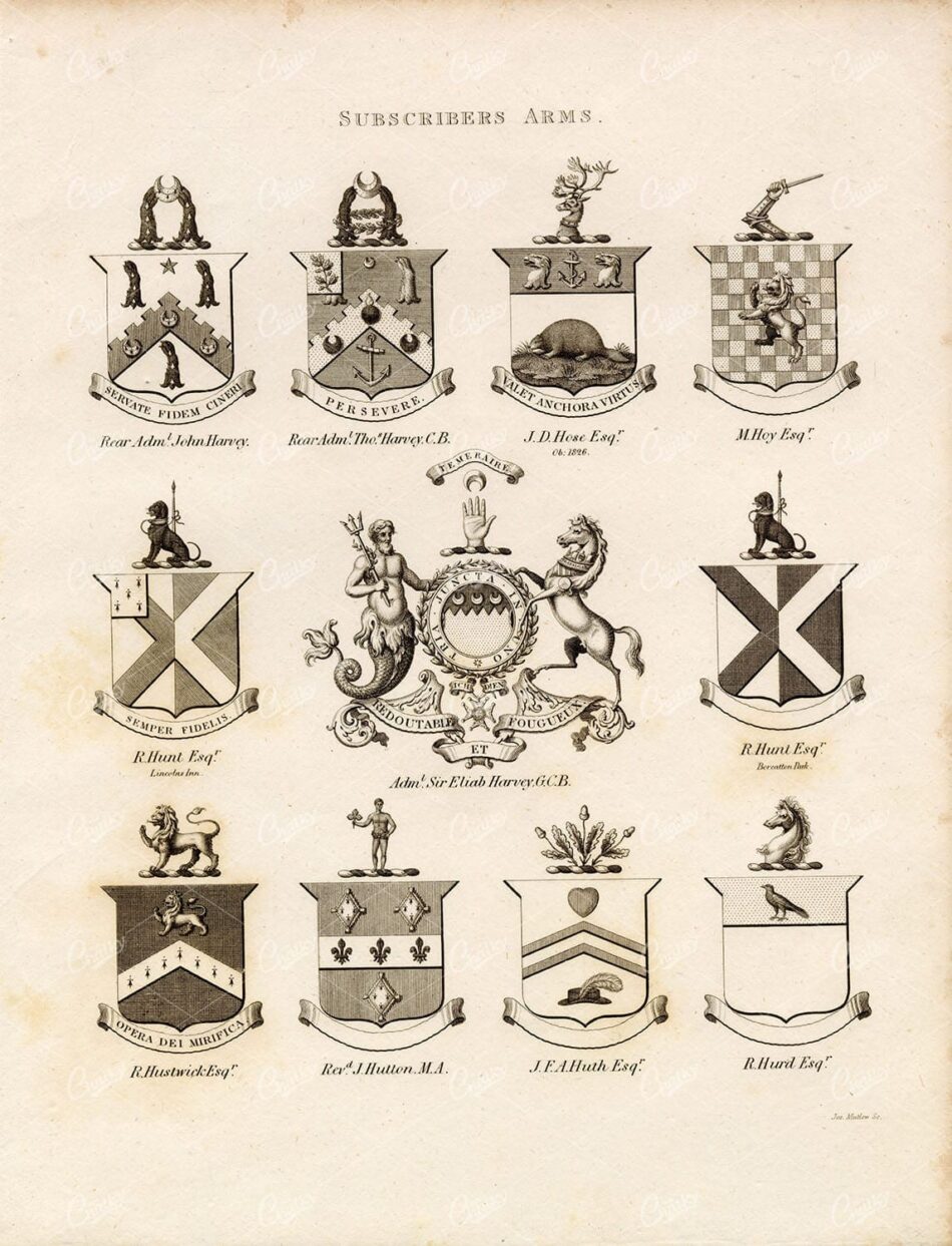 SUBSCRIBERS ARMS - Antique 1829 Heraldry Print - William Berry