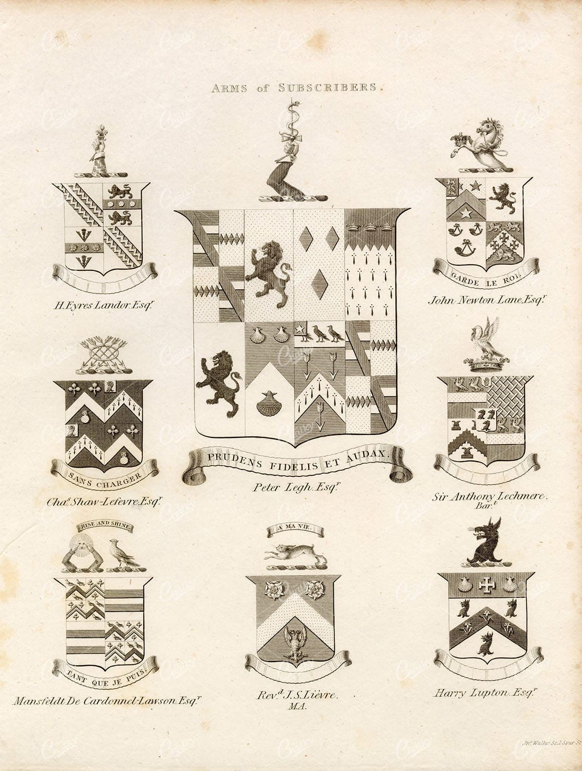 ARMS of SUBSCRIBERS - Antique 1829 Heraldry Print - William Berry