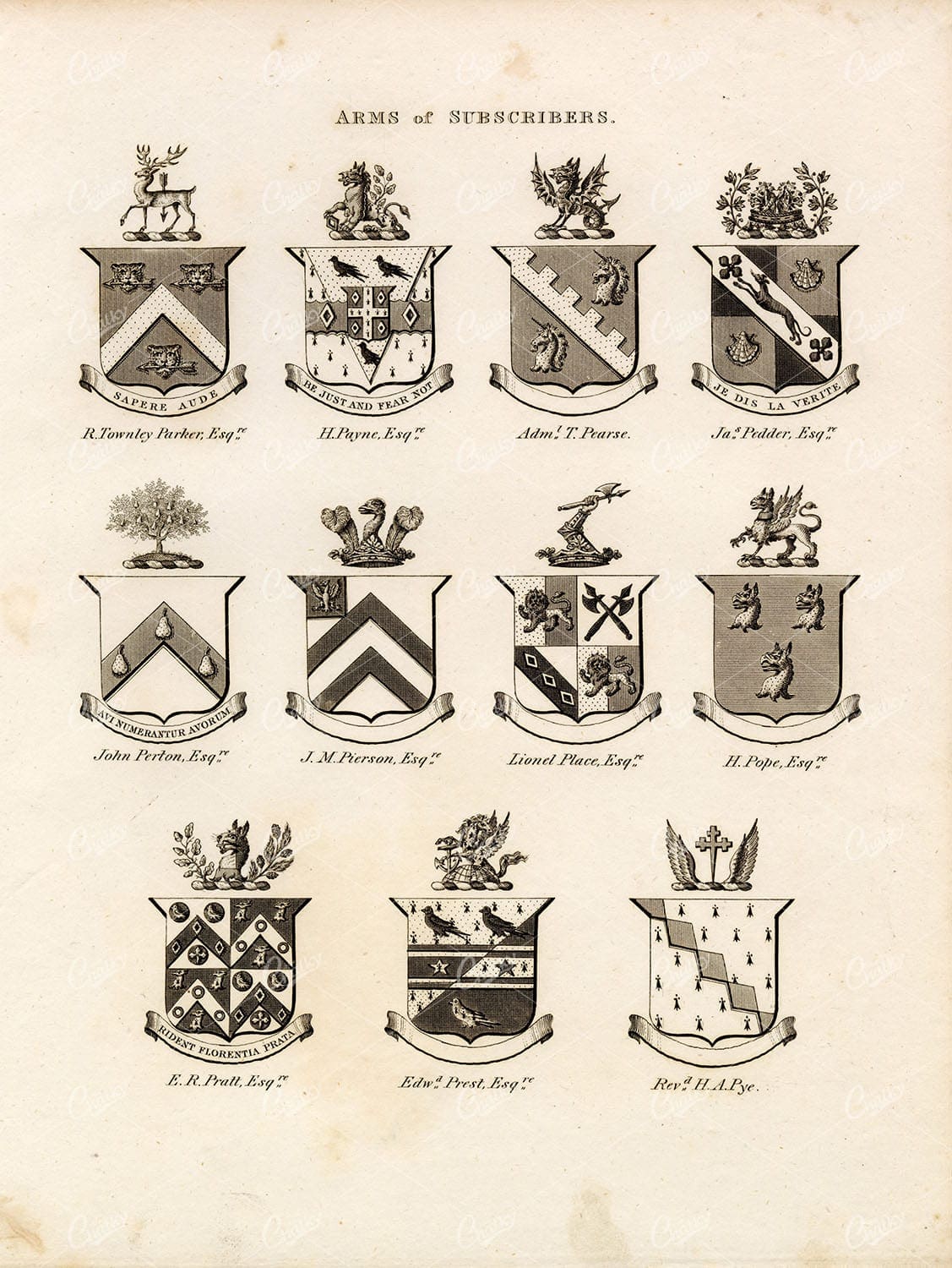 ARMS of SUBSCRIBERS - Antique 1829 Heraldry Print - William Berry