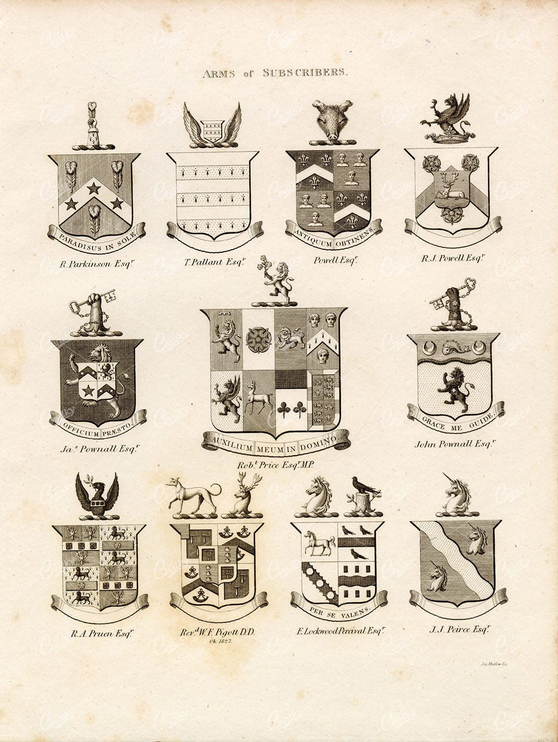 ARMS of SUBSCRIBERS - Antique 1829 Heraldry Print - William Berry