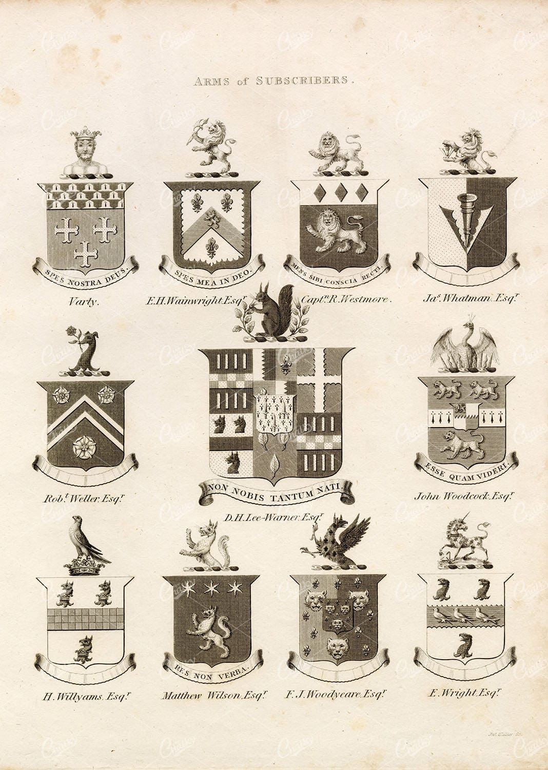 ARMS of SUBSCRIBERS - Antique 1829 Heraldry Print - William Berry