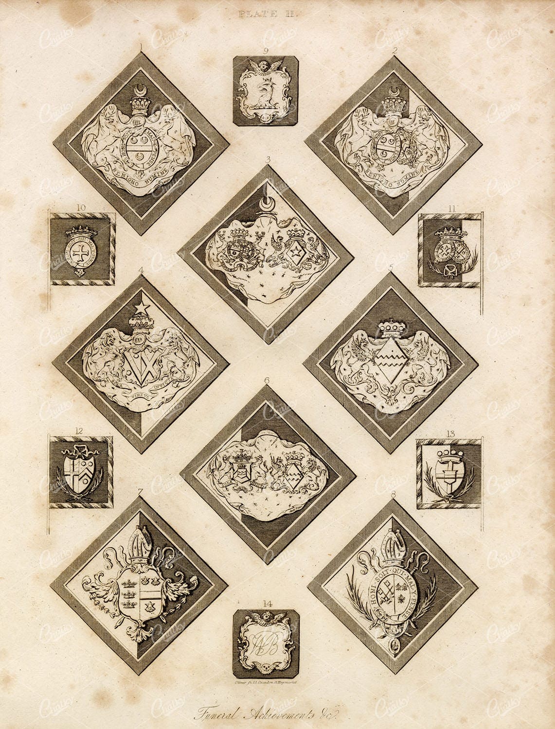 HERALDRY Achievements, Funeral - Antique 1829 Print - William Berry