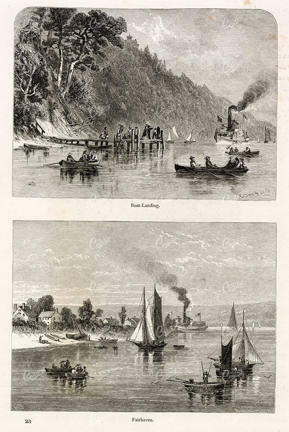 FAIRHAVEN, Boat-Landing - Steamboat, Sailboat, Rowboats - 1874 Engraving