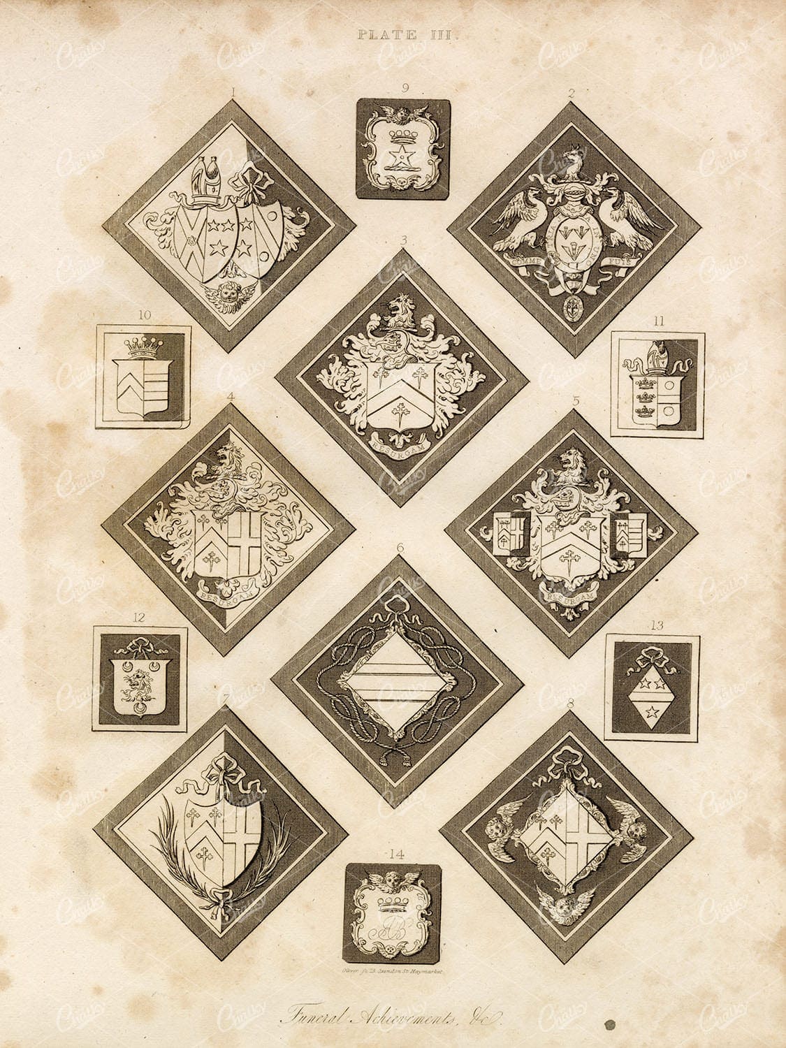 HERALDRY Achievements, Funeral - Antique 1829 Print - William Berry
